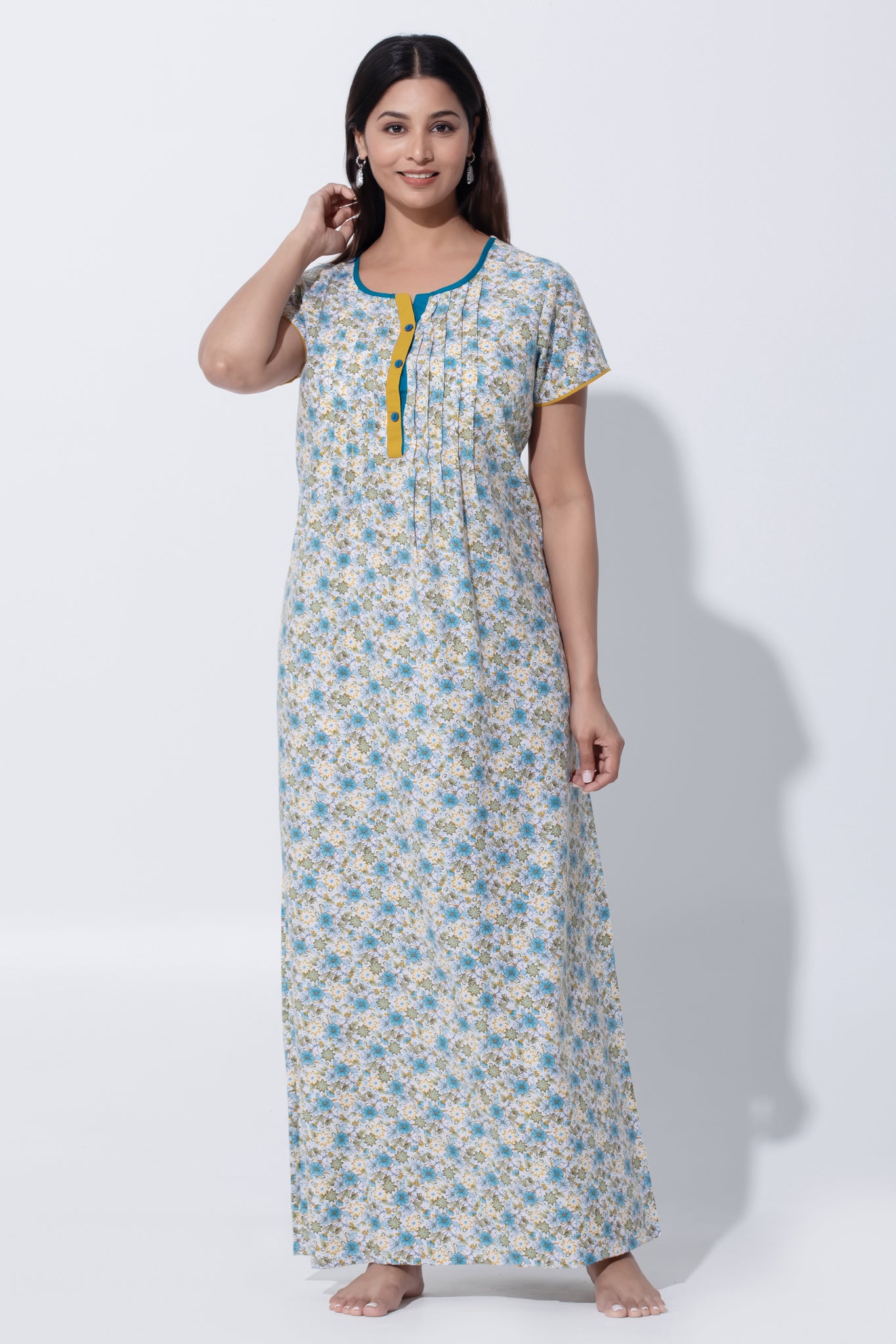 Teal Blue Floral Poly Cotton Nighty with Pin Tuck & Button Closure