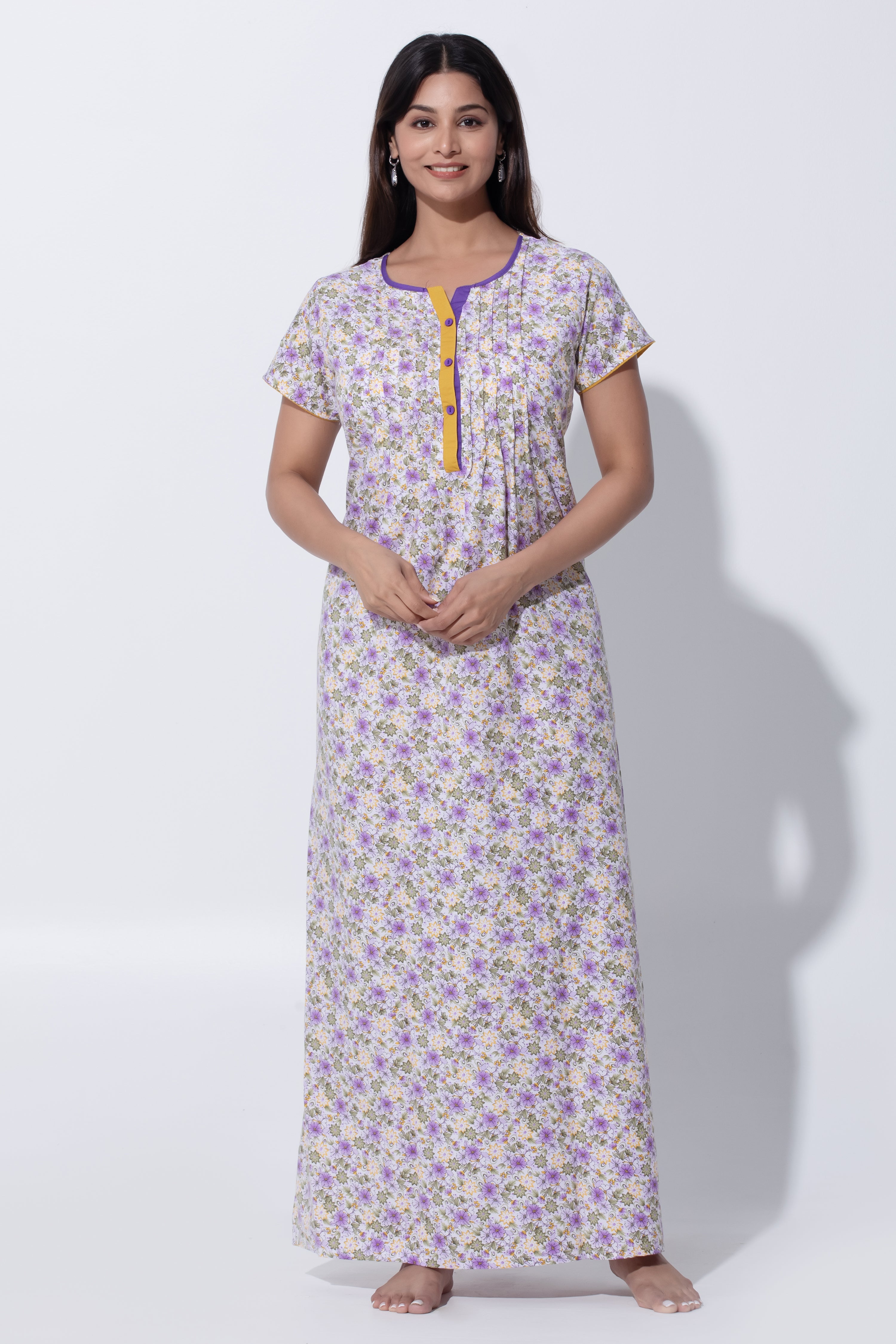 Purple Floral Poly Cotton Nighty with Pin Tuck & Button Closure