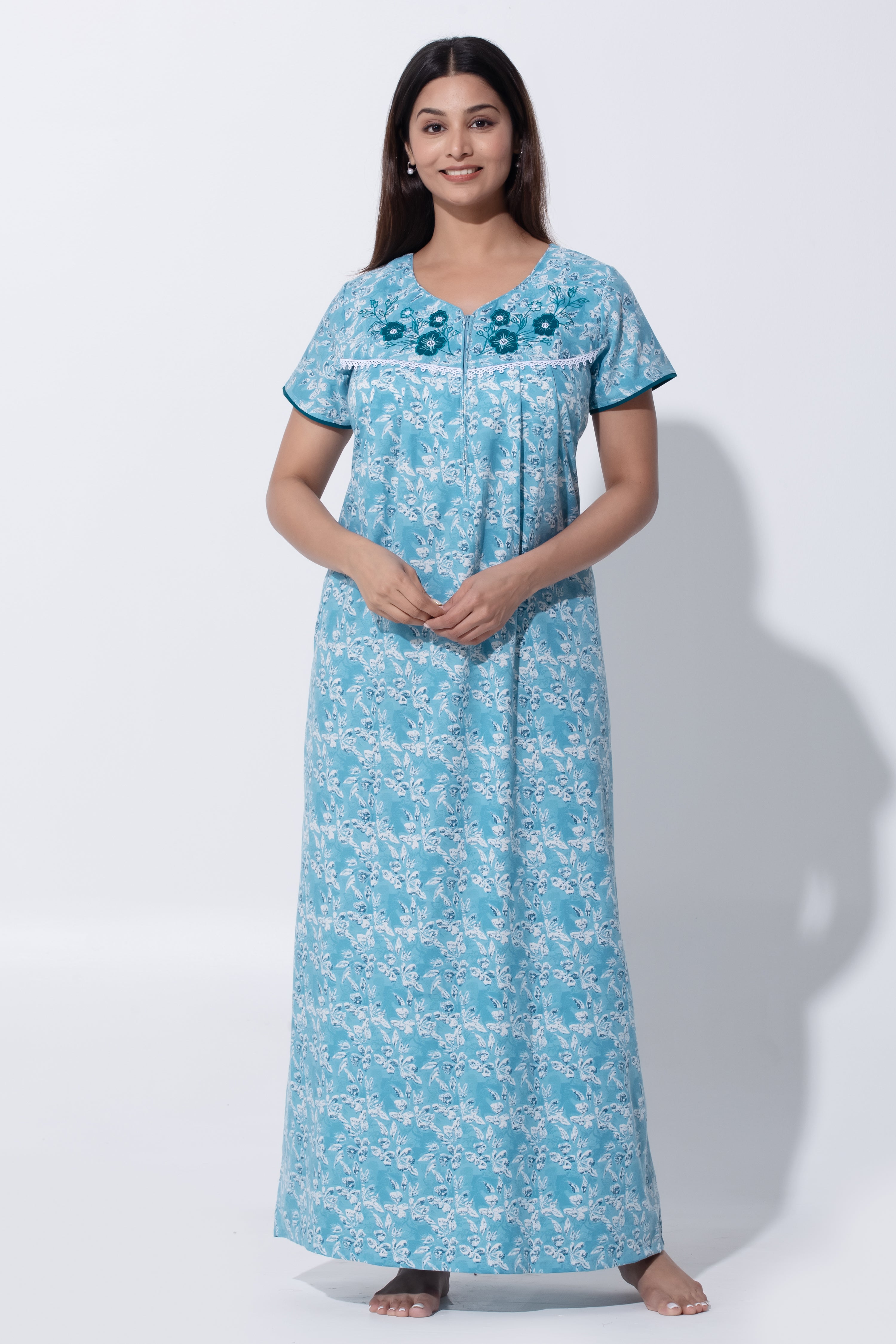 Sky Blue Floral Print Nighty with Lace Design & Zipper