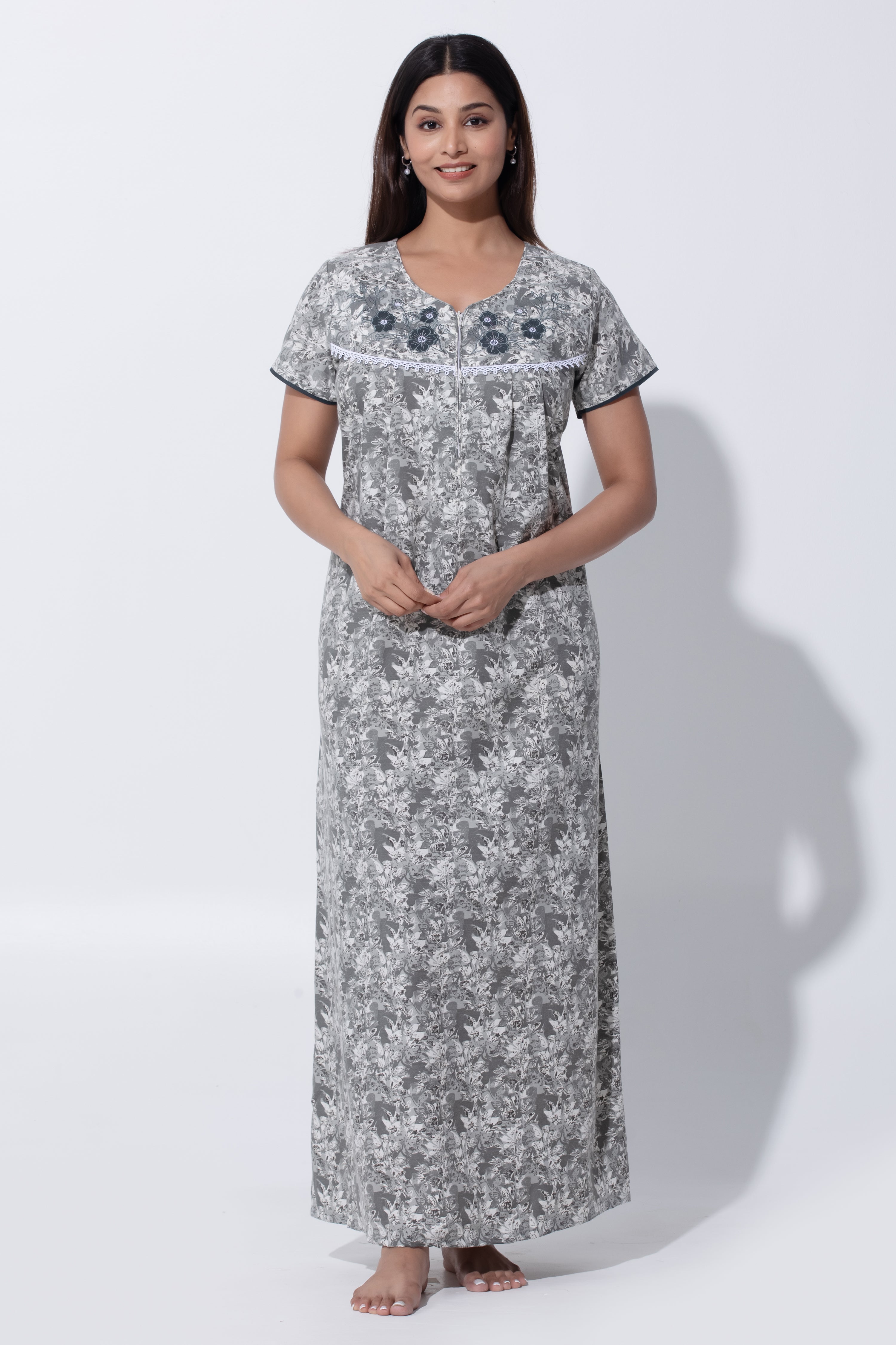 Gray Floral Print Nighty with Lace Design & Zipper Closure