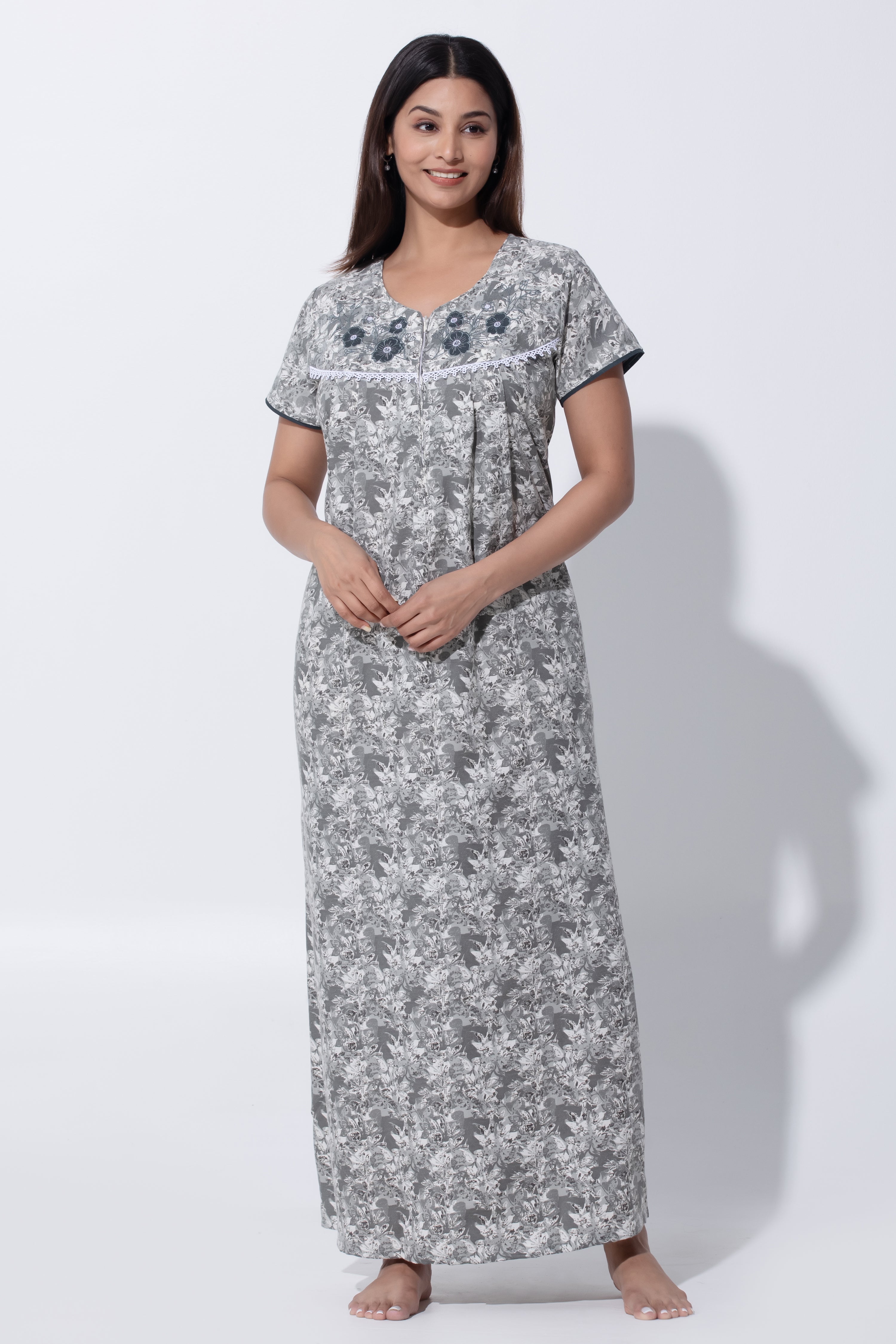Gray Floral Print Nighty with Lace Design & Zipper Closure