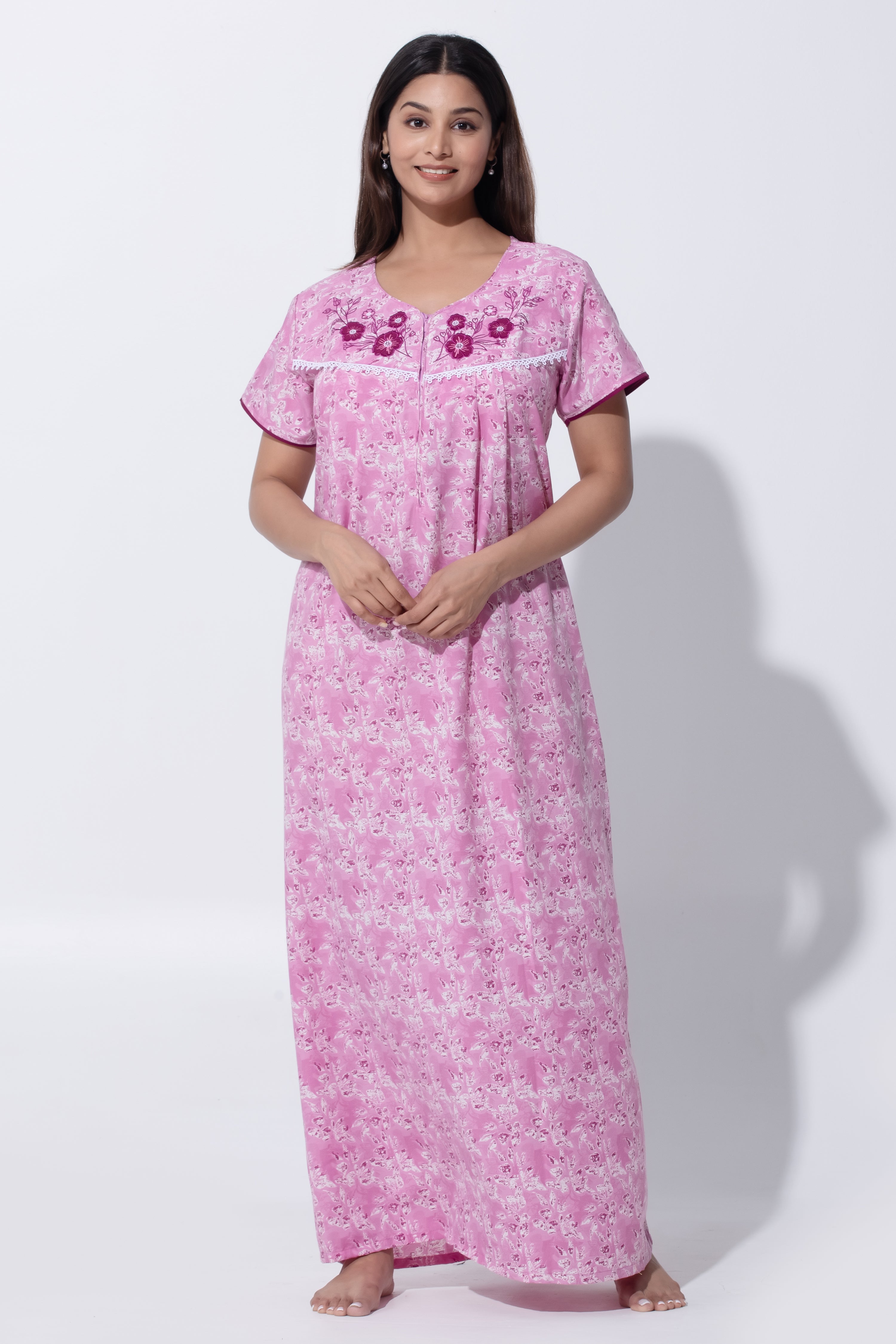 Pink Floral Print Nighty with Lace Design & Zipper Closure