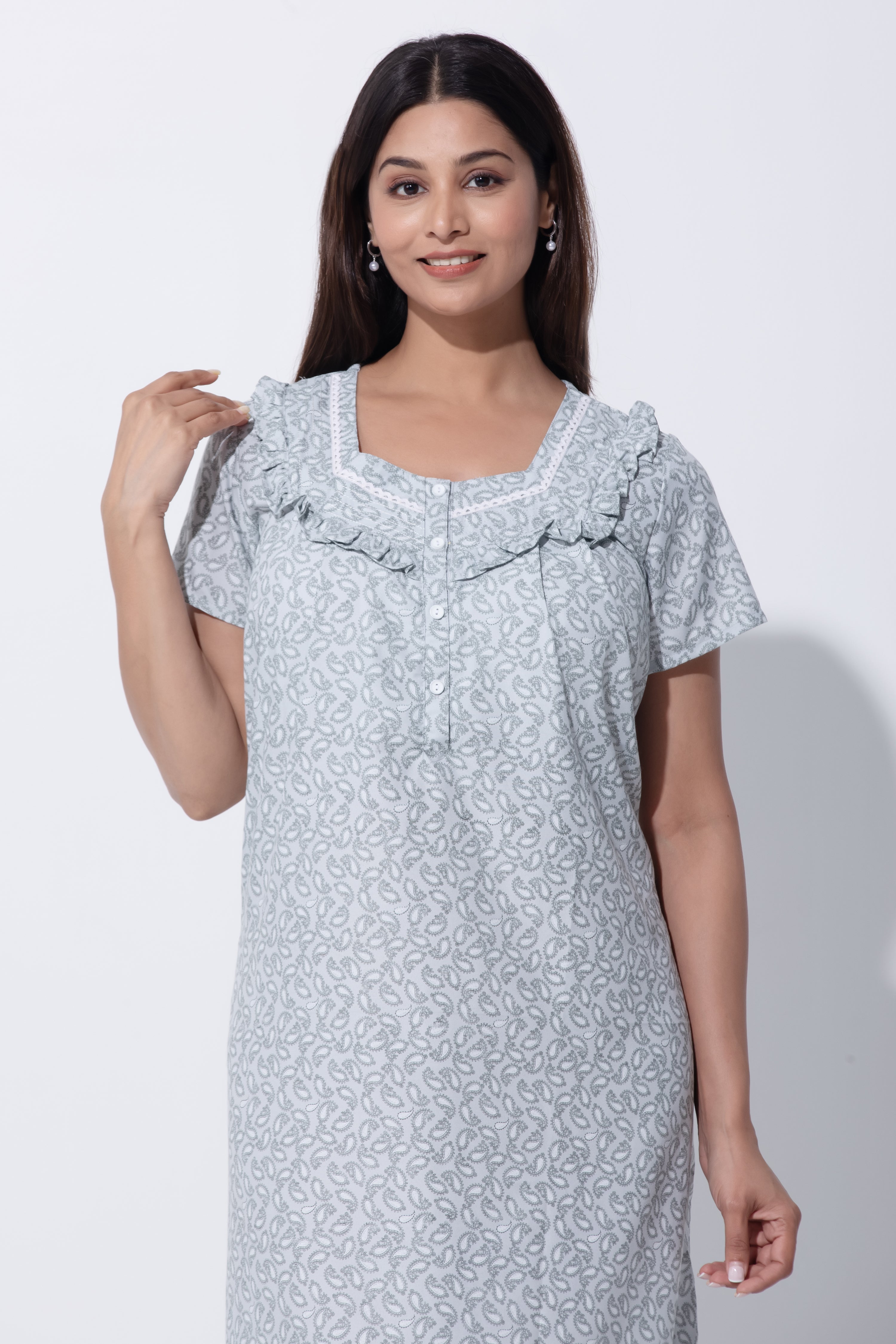 Pastel Blue Nighty with Paisley & Lace Ruffled Yoke