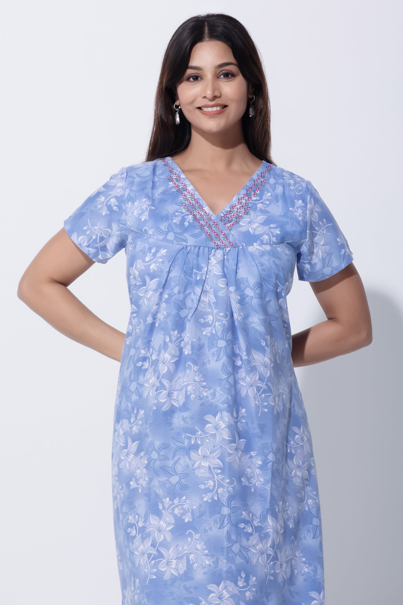 Blue Flared Nighty with Floral Embroidered Work