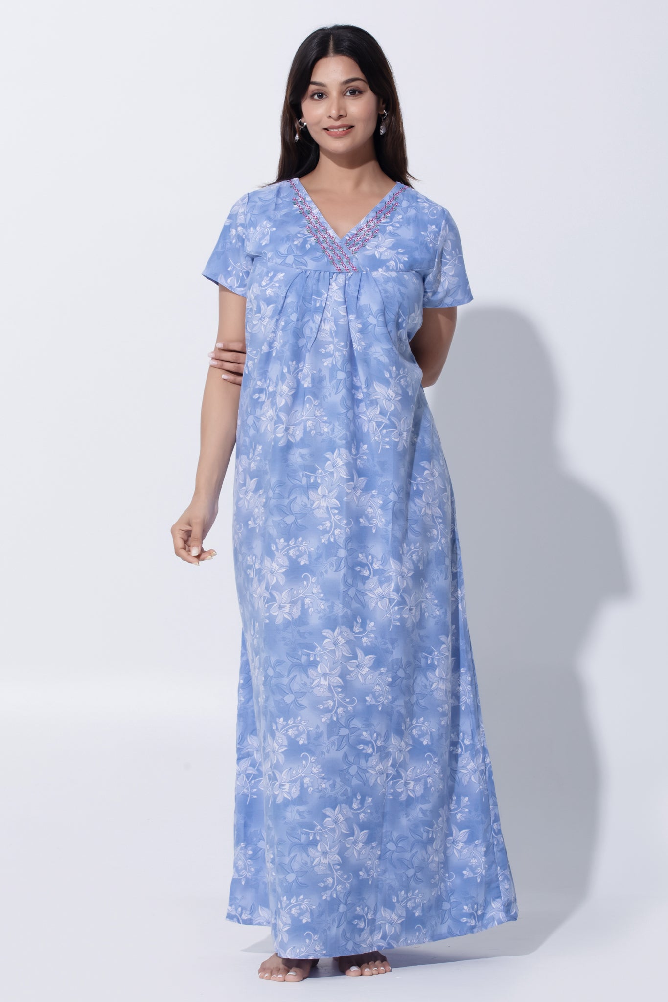 Blue Flared Nighty with Floral Embroidered Work