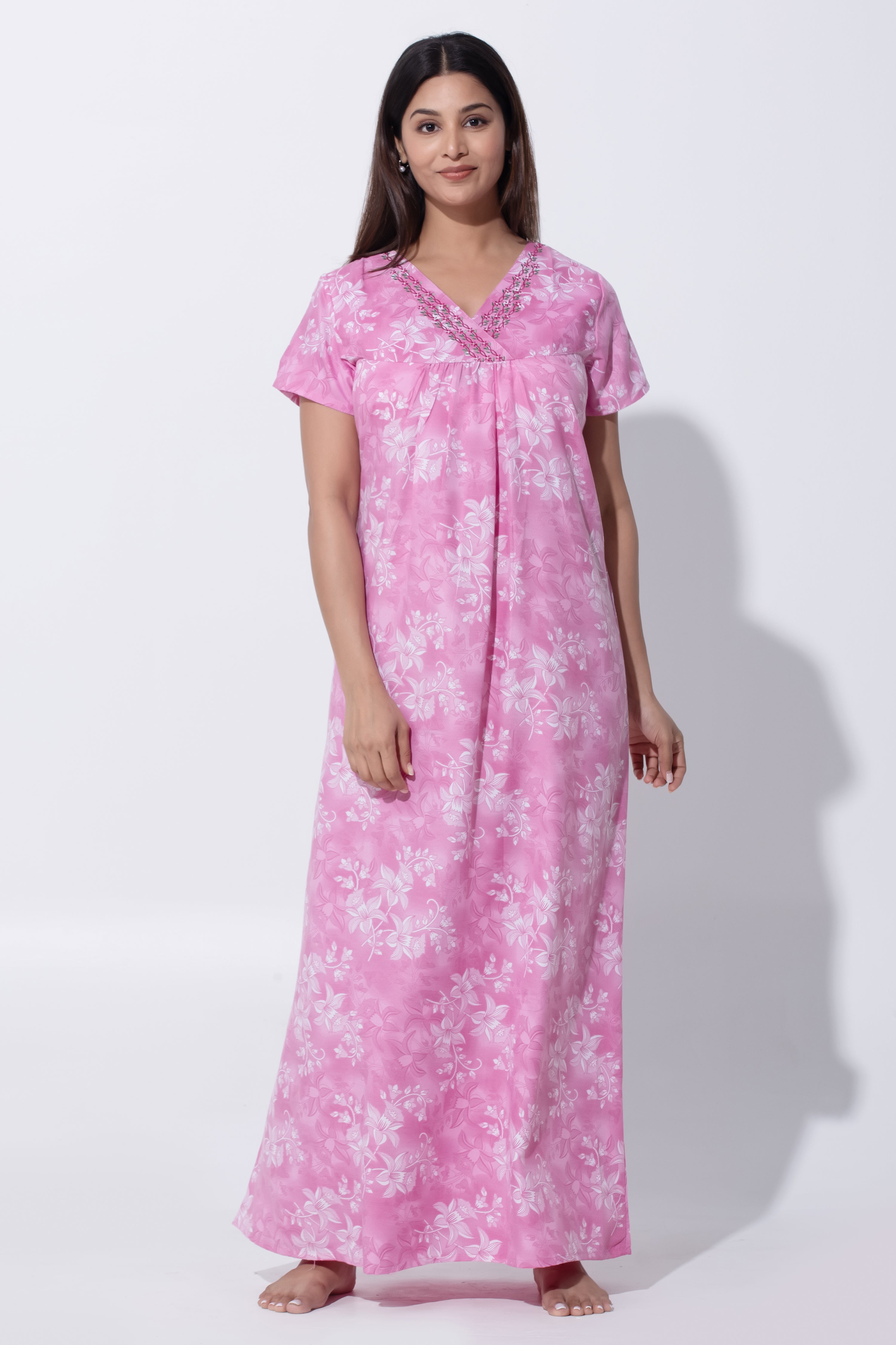Pink Flared Nighty with Floral Embroidered Work