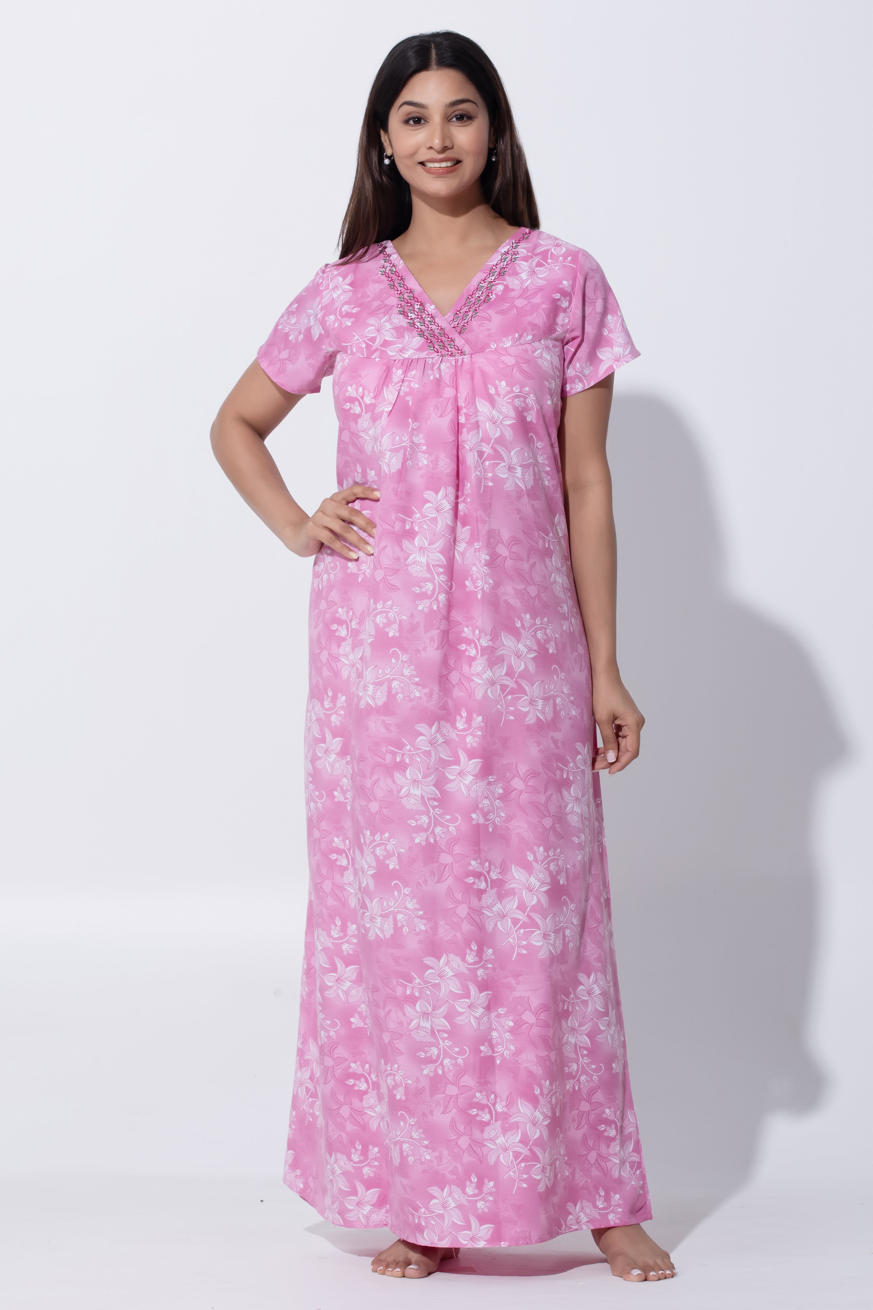 Pink Flared Nighty with Floral Embroidered Work
