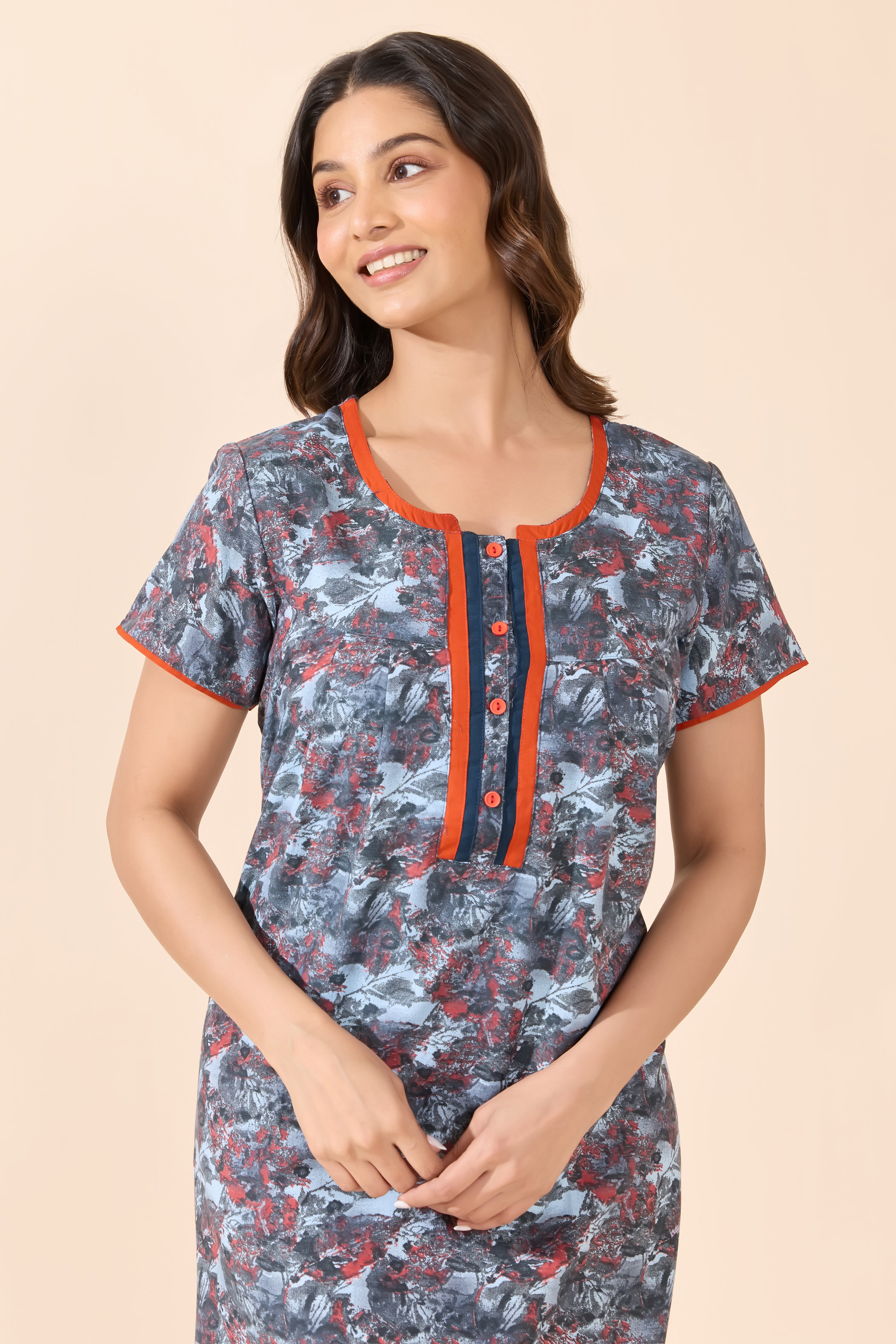 Grey Abstract Floral Printed Cotton Nightwear