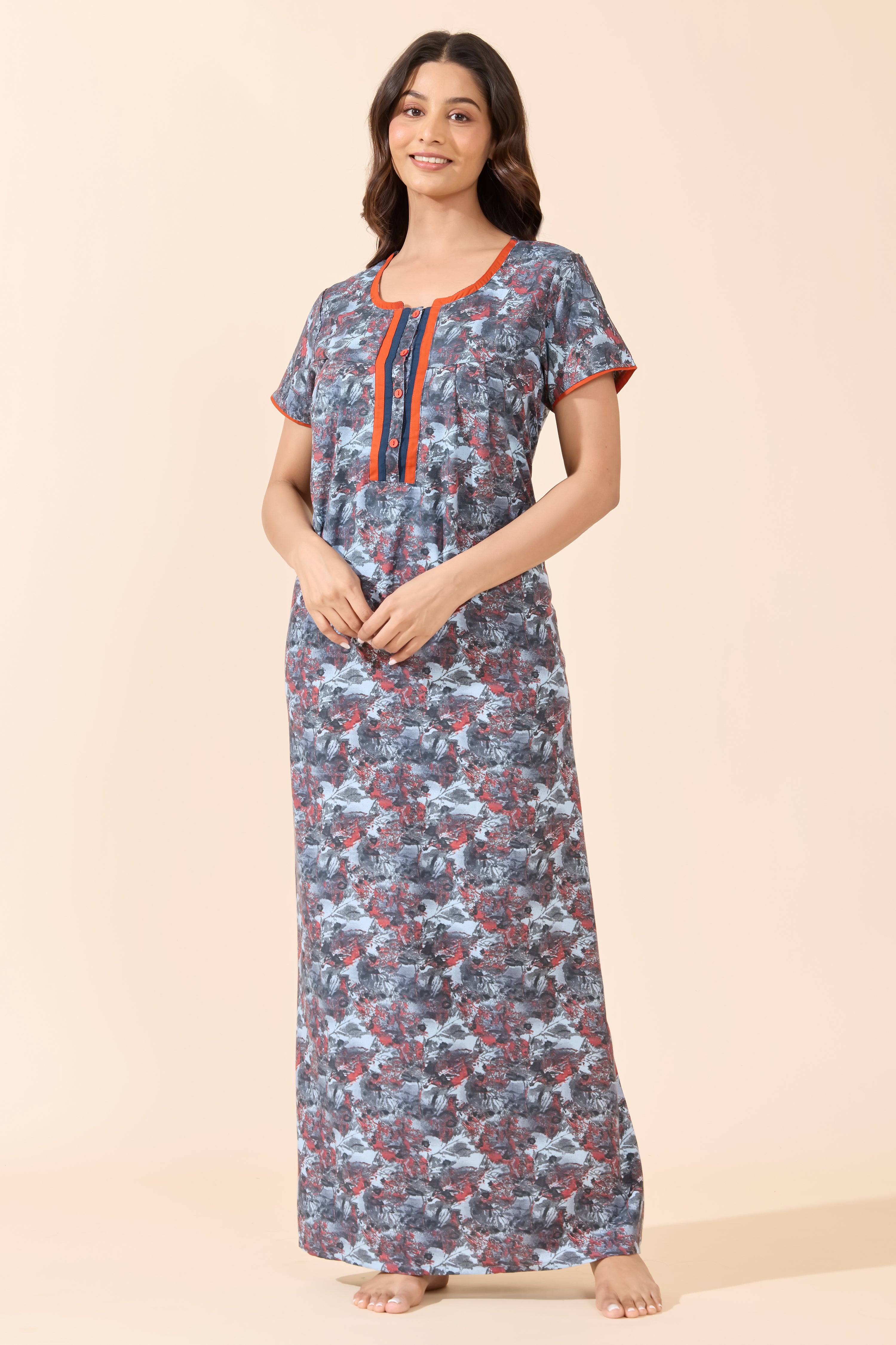 Grey Abstract Floral Printed Cotton Nightwear