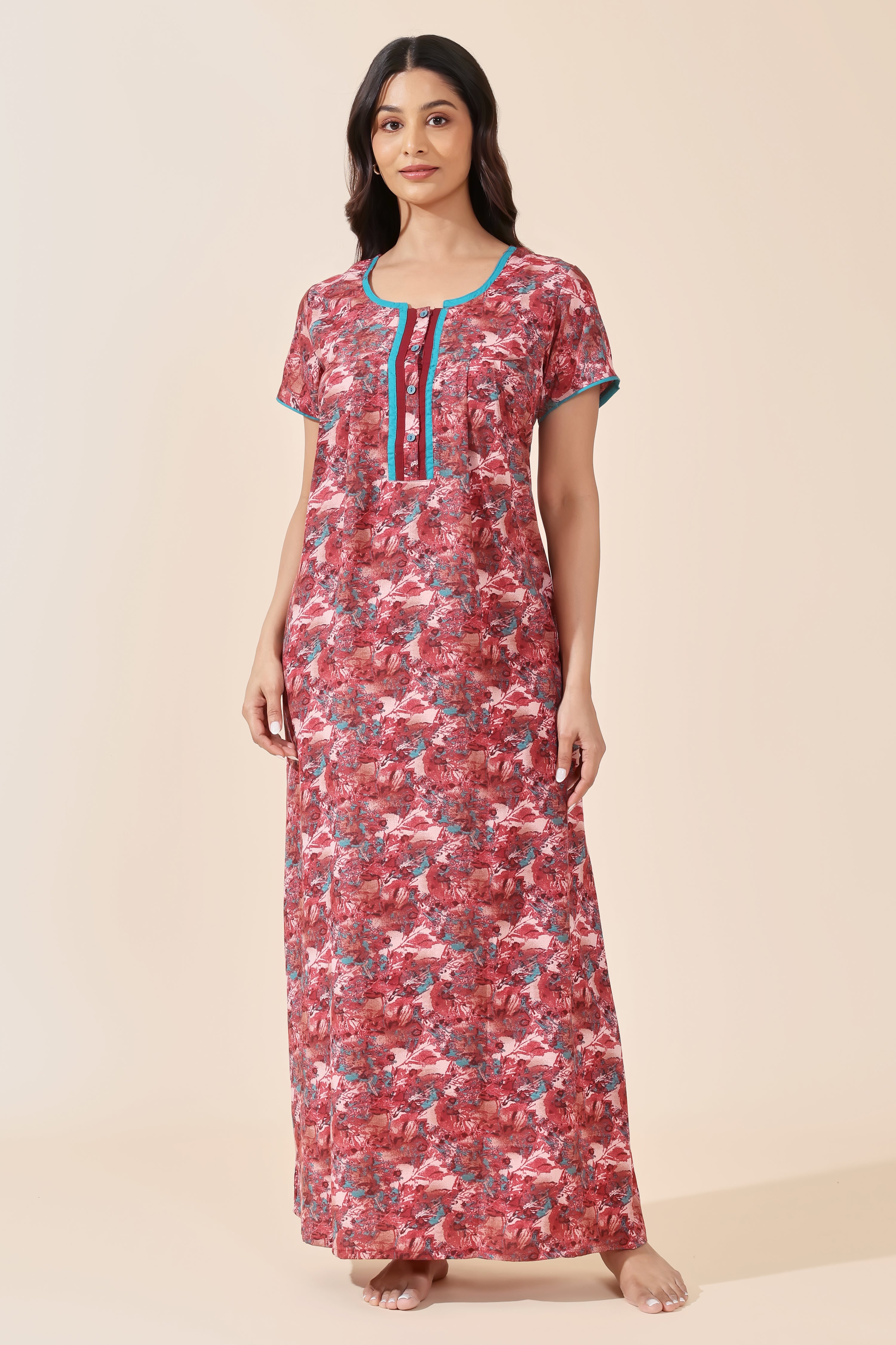 Red Abstract Floral Printed Cotton Nightwear