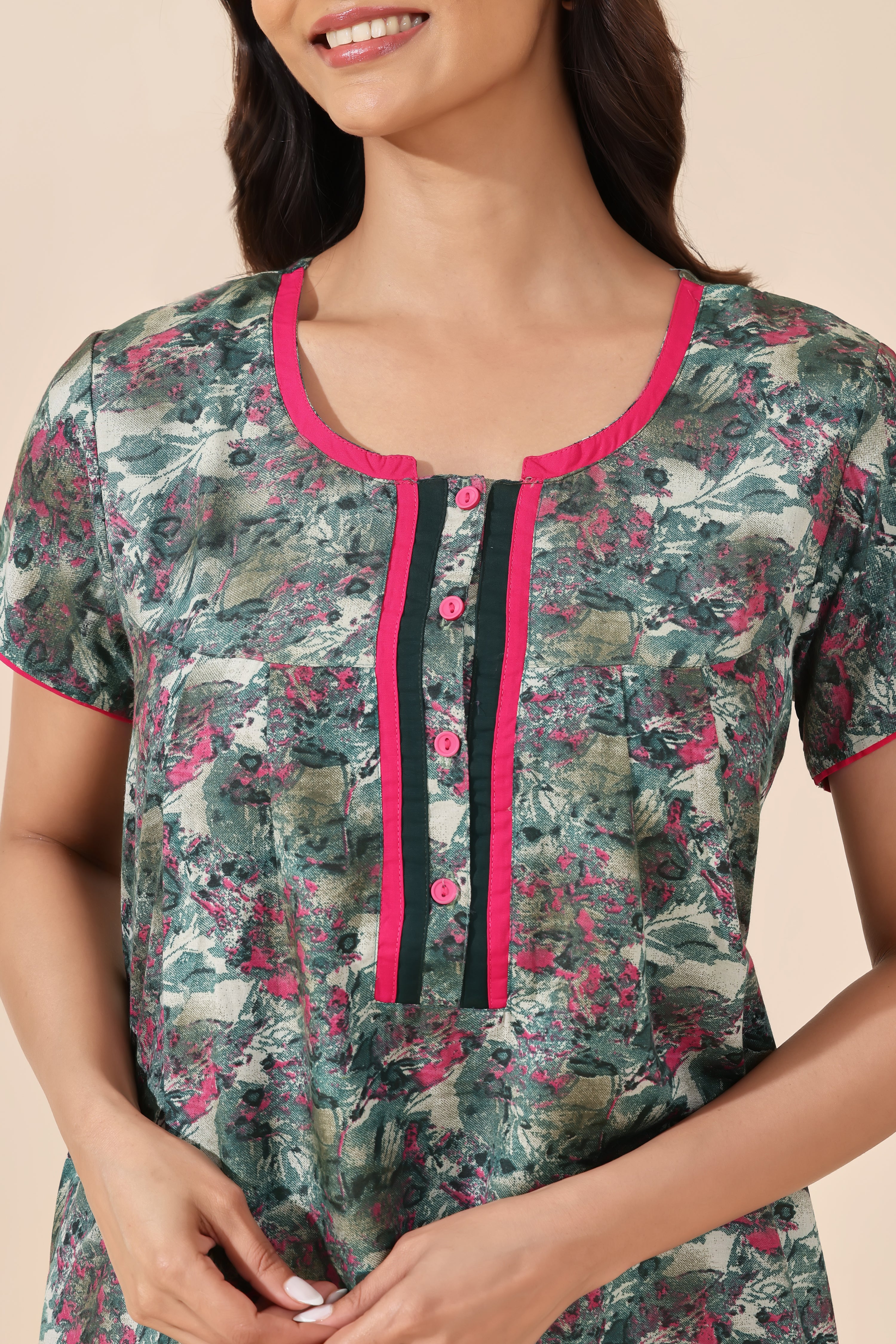 Green Abstract Floral Printed Cotton Nightwear