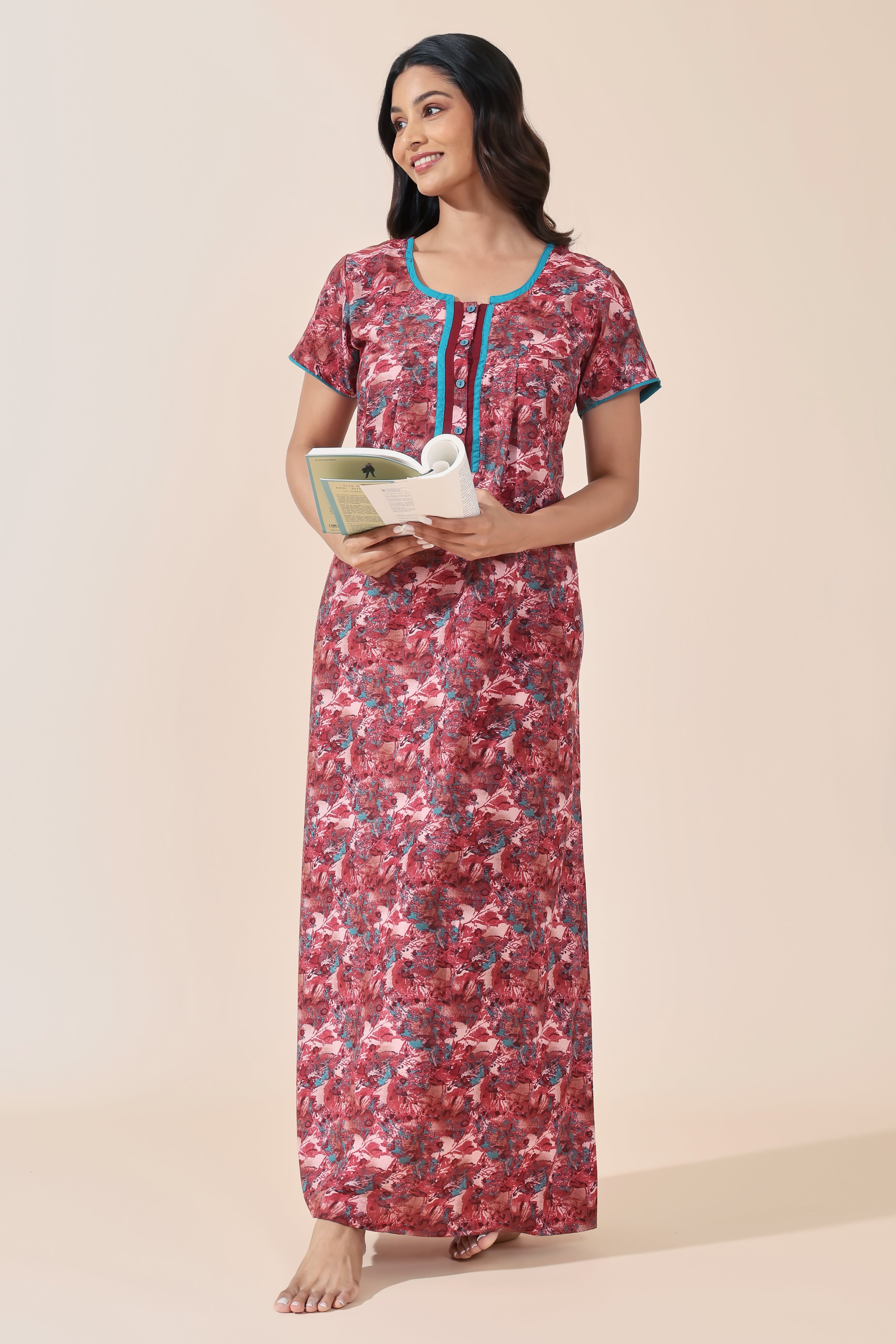 Red Abstract Floral Printed Cotton Nightwear