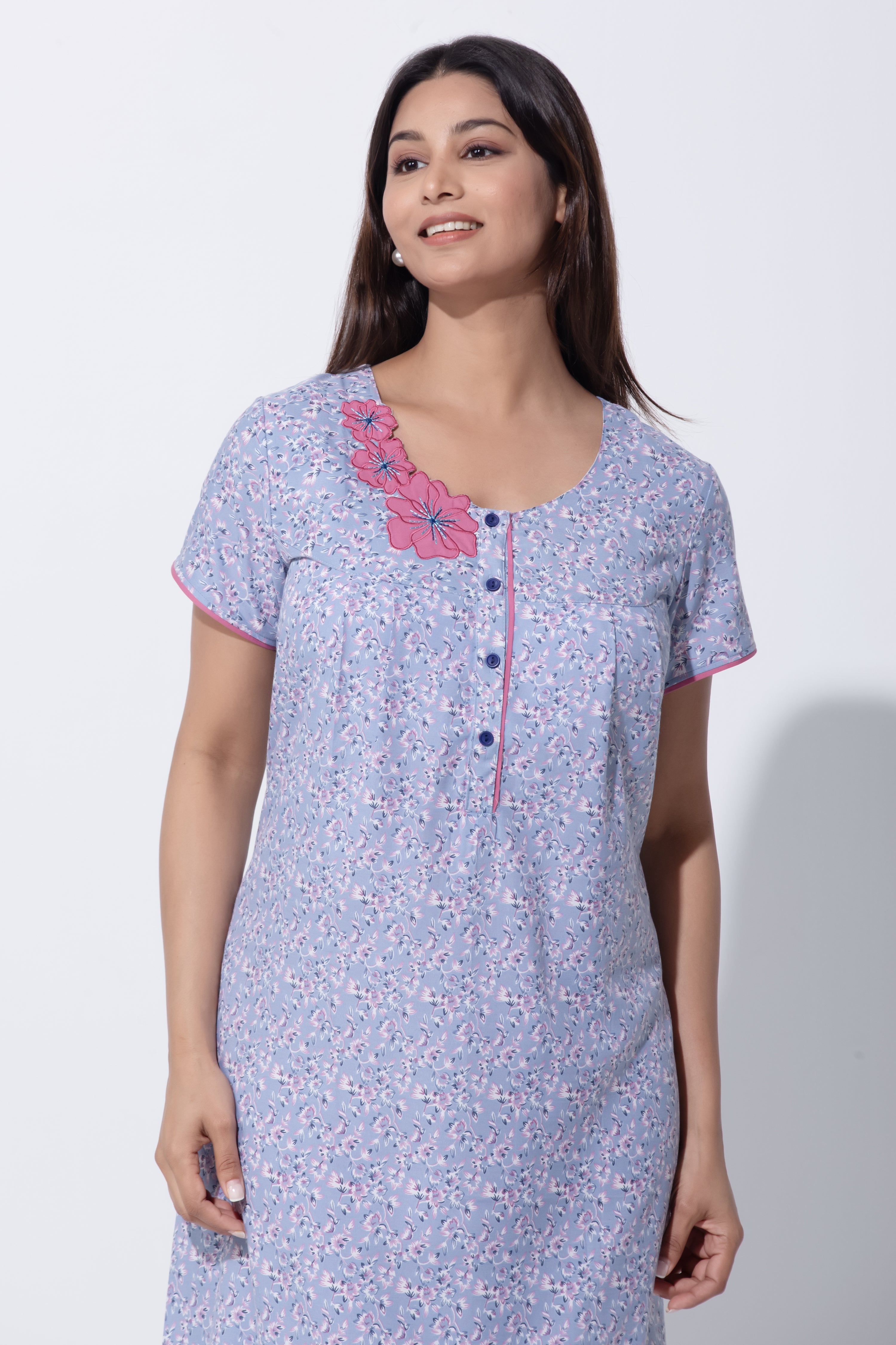 Light Blue Cotton Nighty with Floral Applique & Front Button Closure