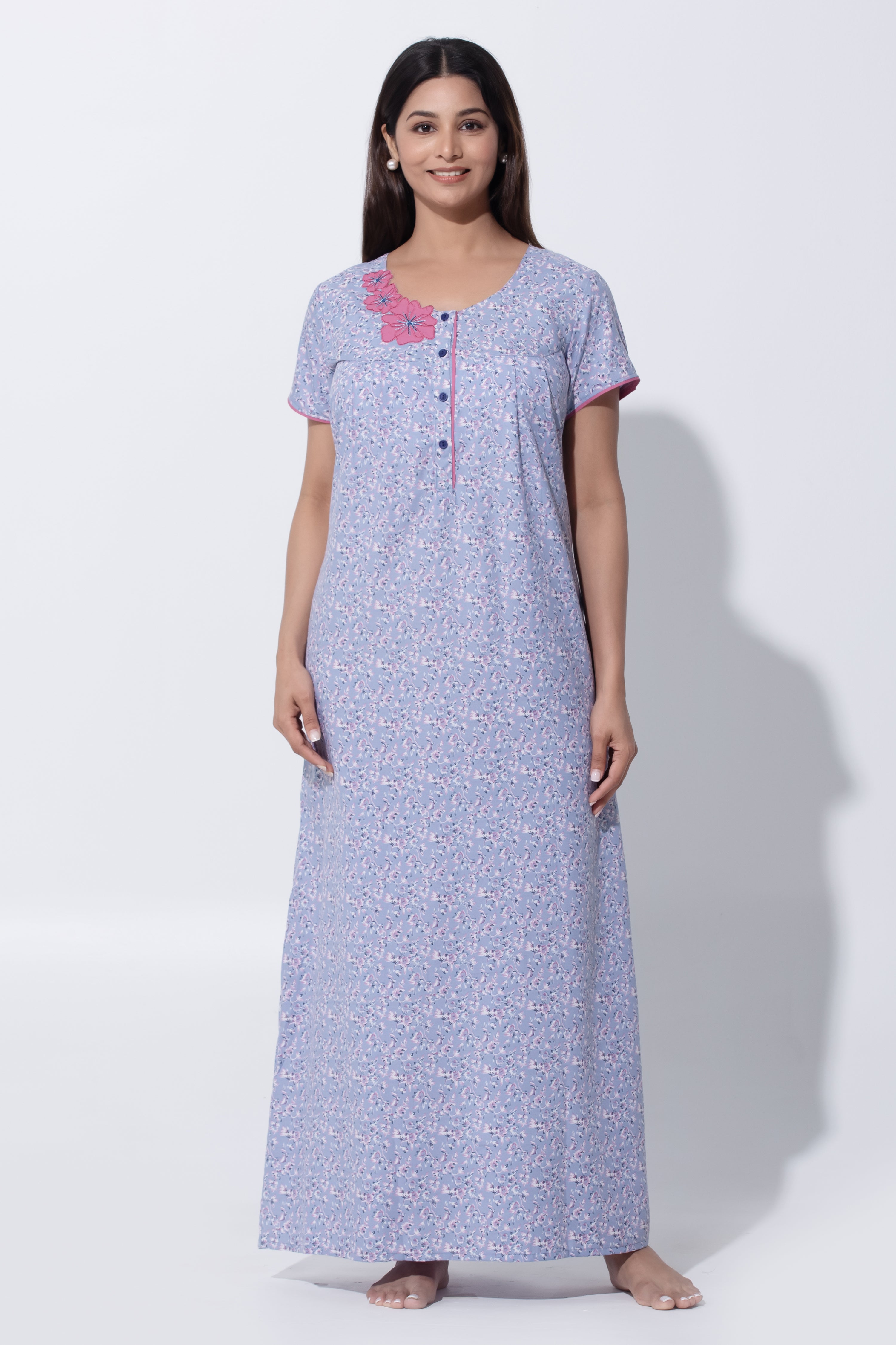 Light Blue Cotton Nighty with Floral Applique & Front Button Closure
