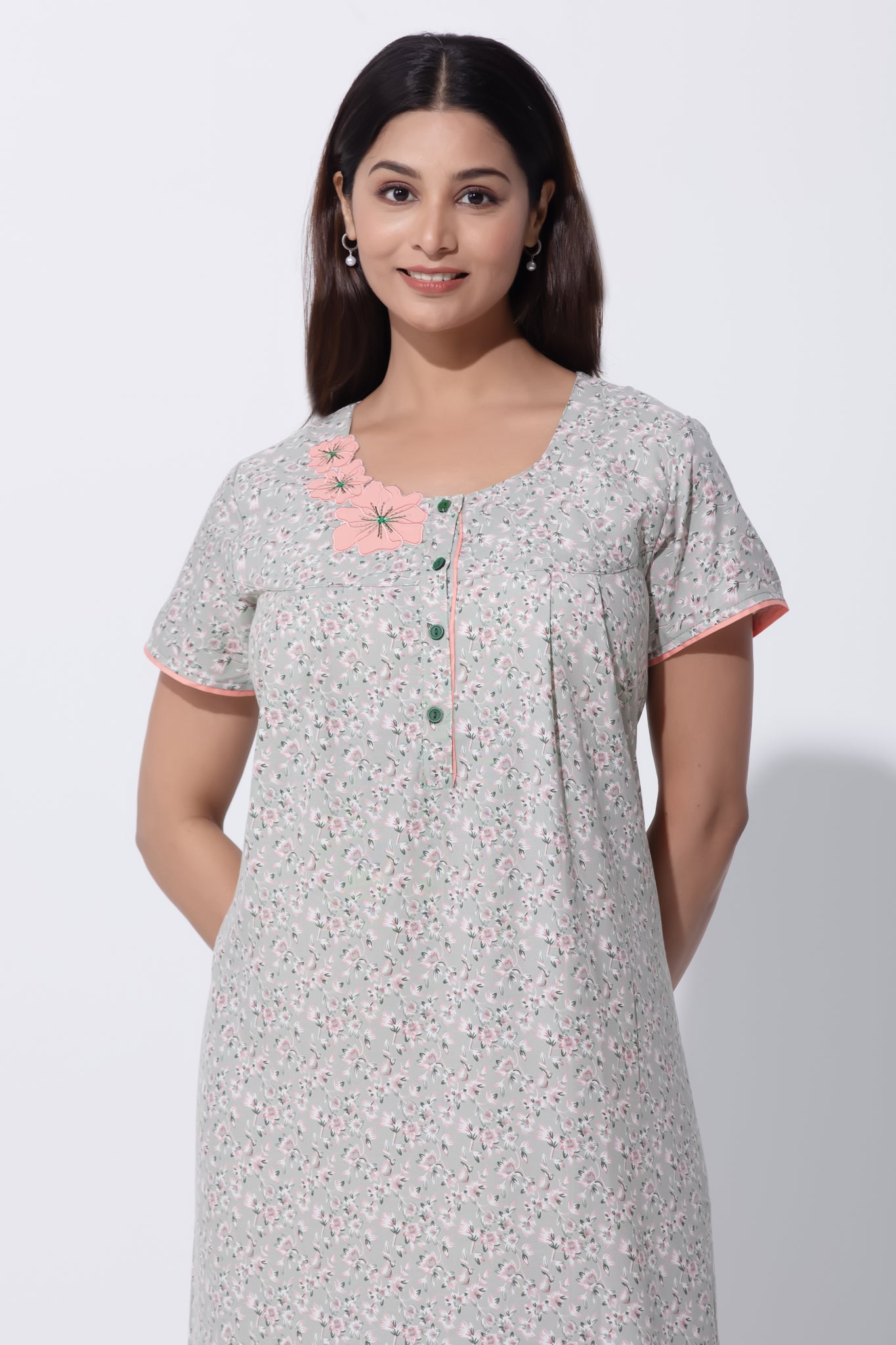 Green Floral Cotton Nighty with Front Button Closure