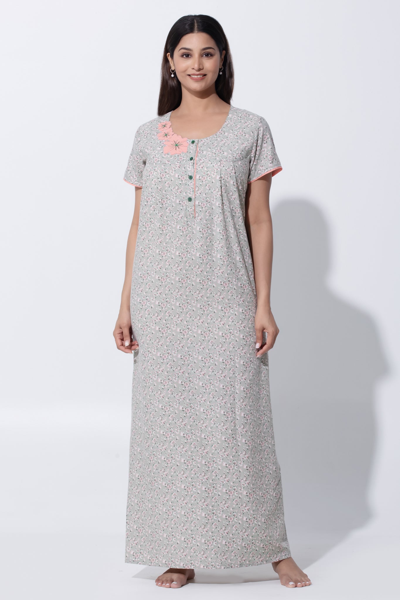 Green Floral Cotton Nighty with Front Button Closure