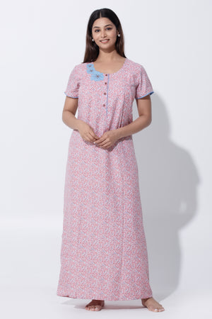 Pink Floral Cotton Nighty with Front Button Closure