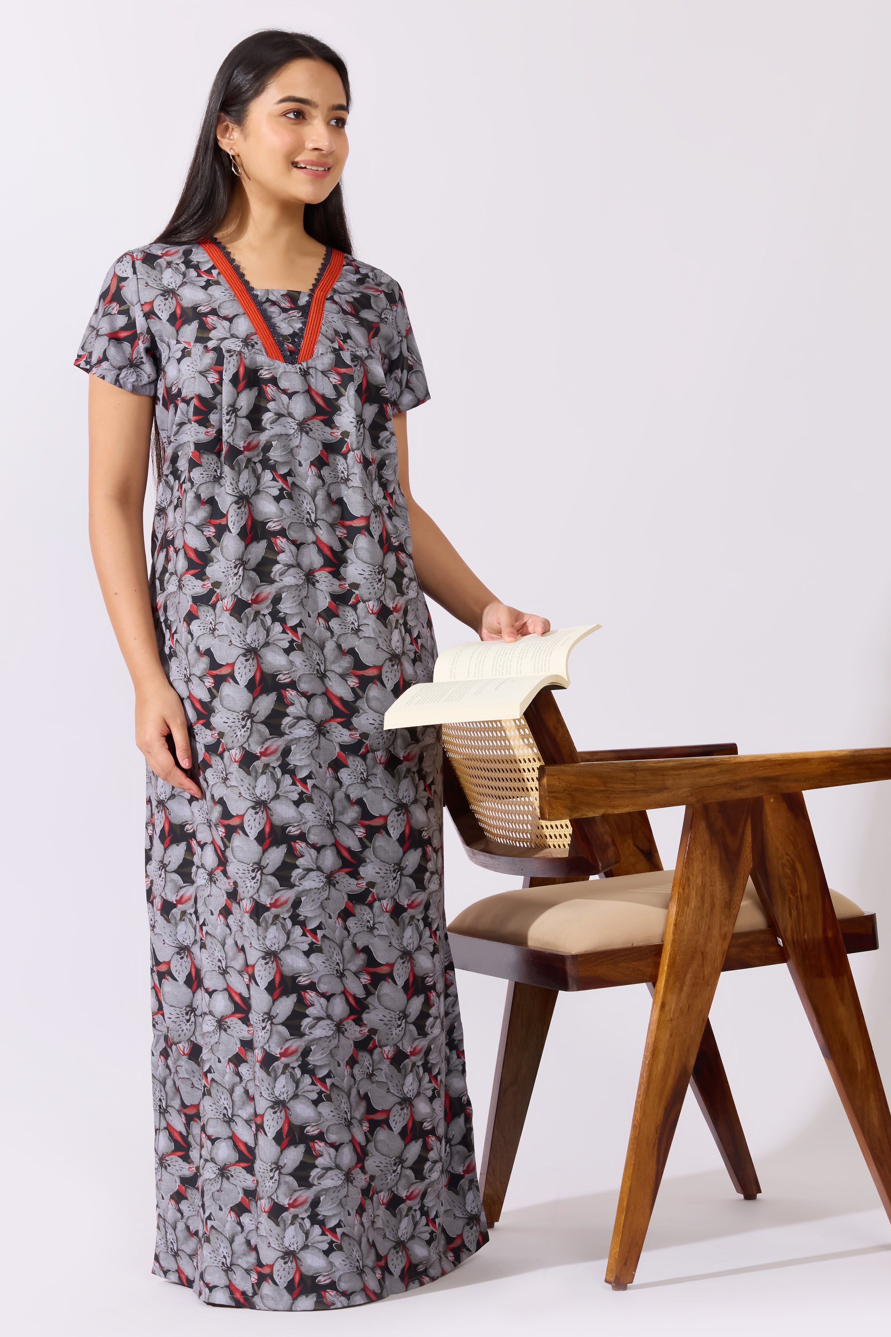 Floral Printed Black Nighty with Lace Embellished Neckline