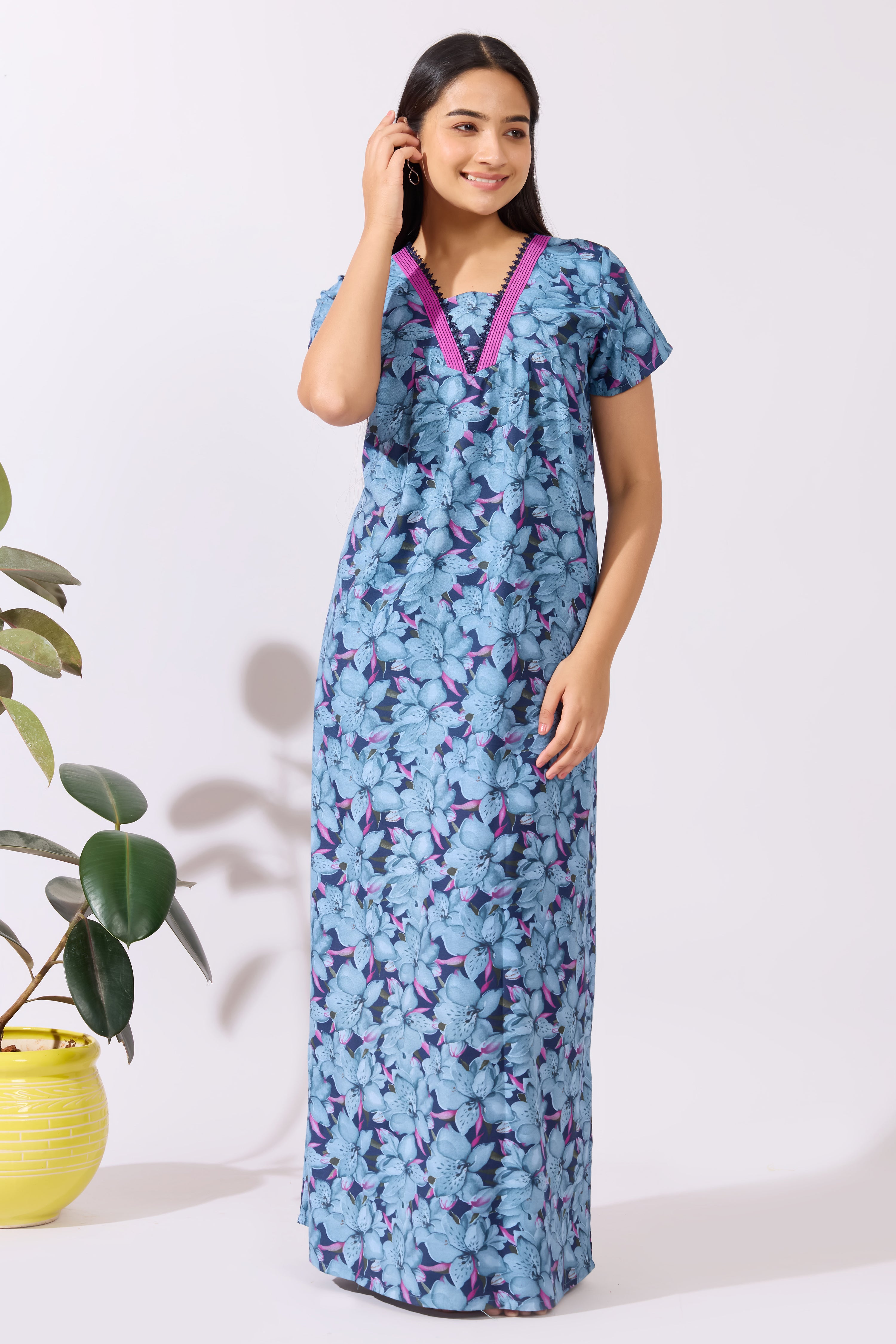 Floral Printed Blue Nighty with Lace Embellished Neckline
