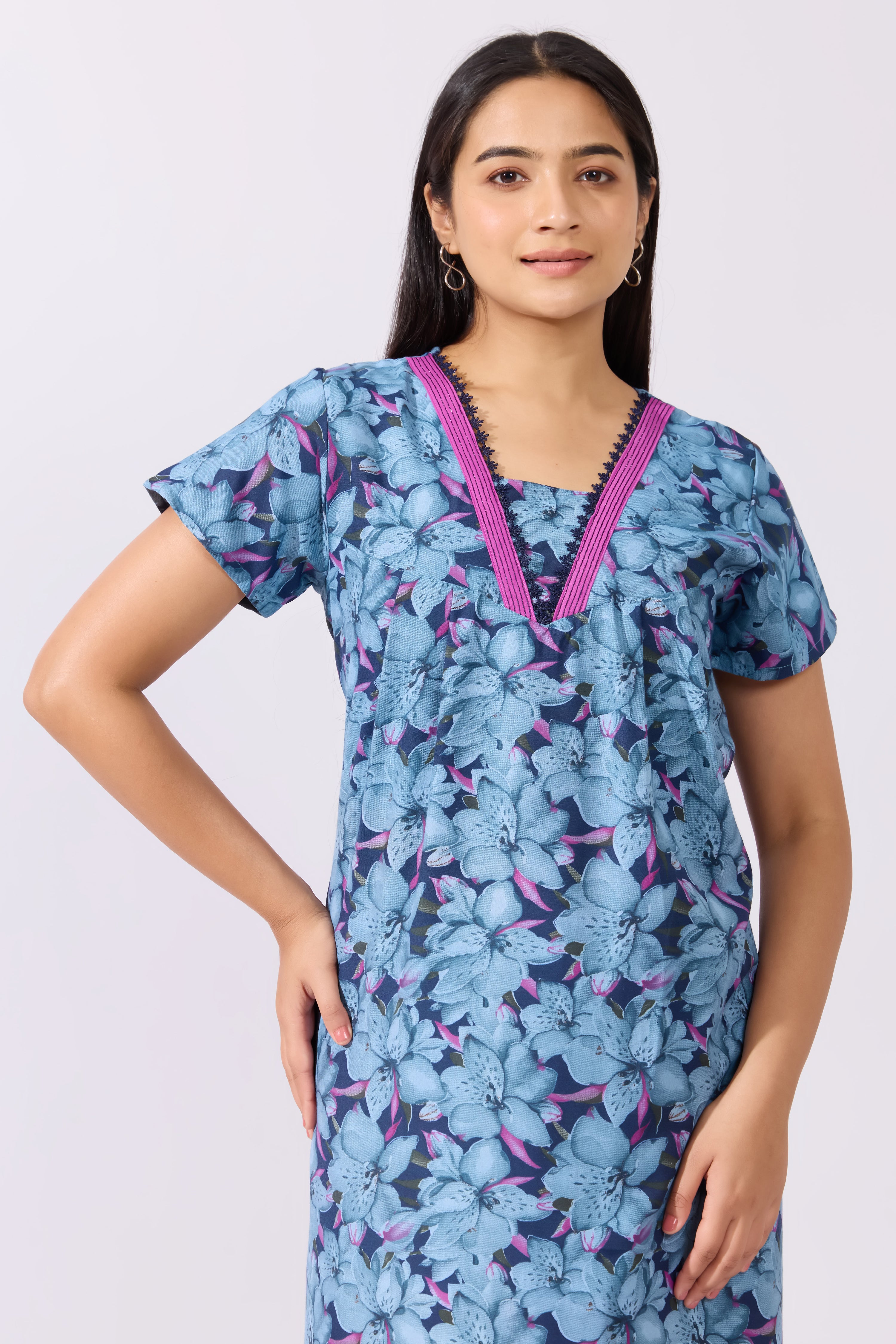 Floral Printed Blue Nighty with Lace Embellished Neckline