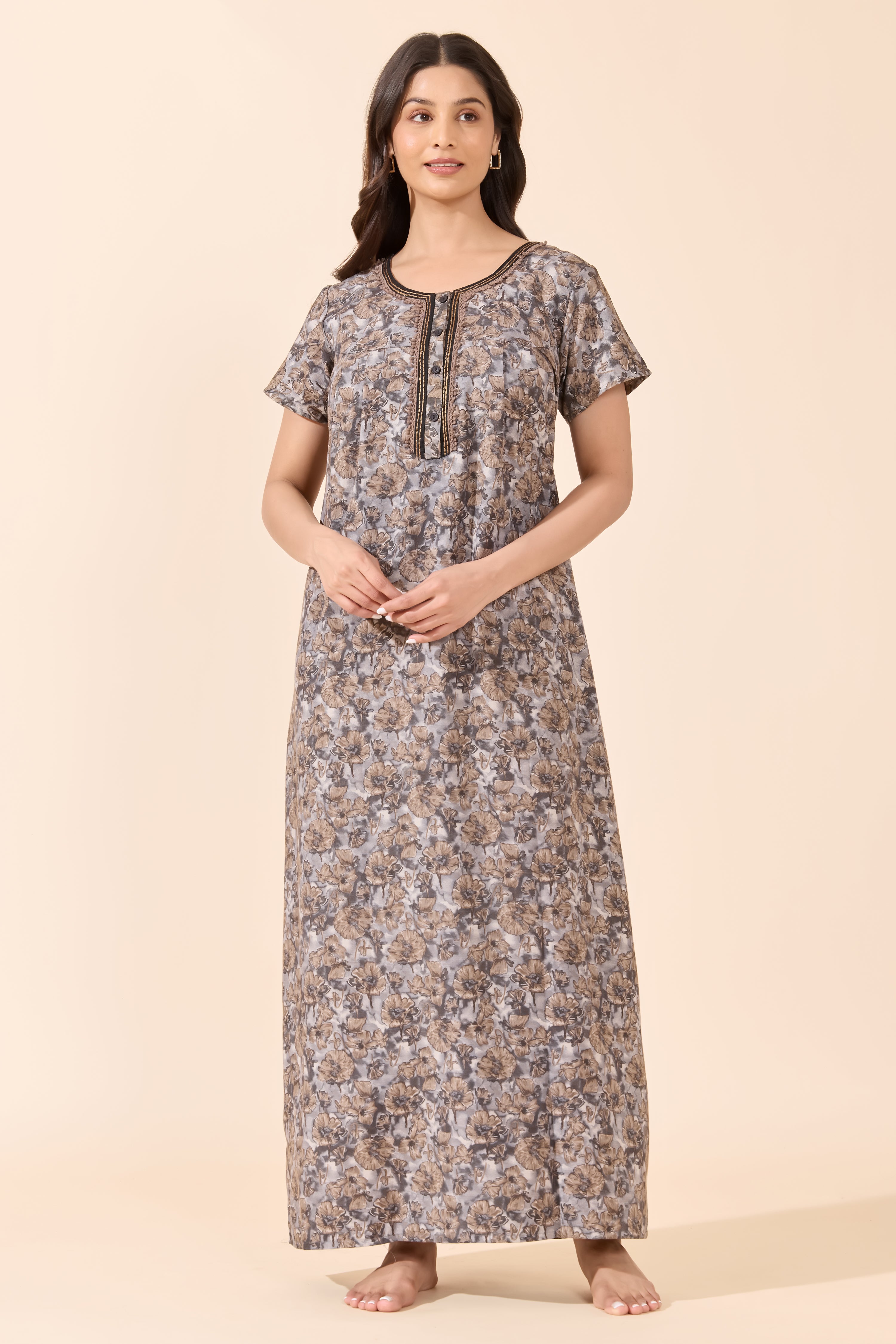 Grey Floral Printed Cotton Nightwear