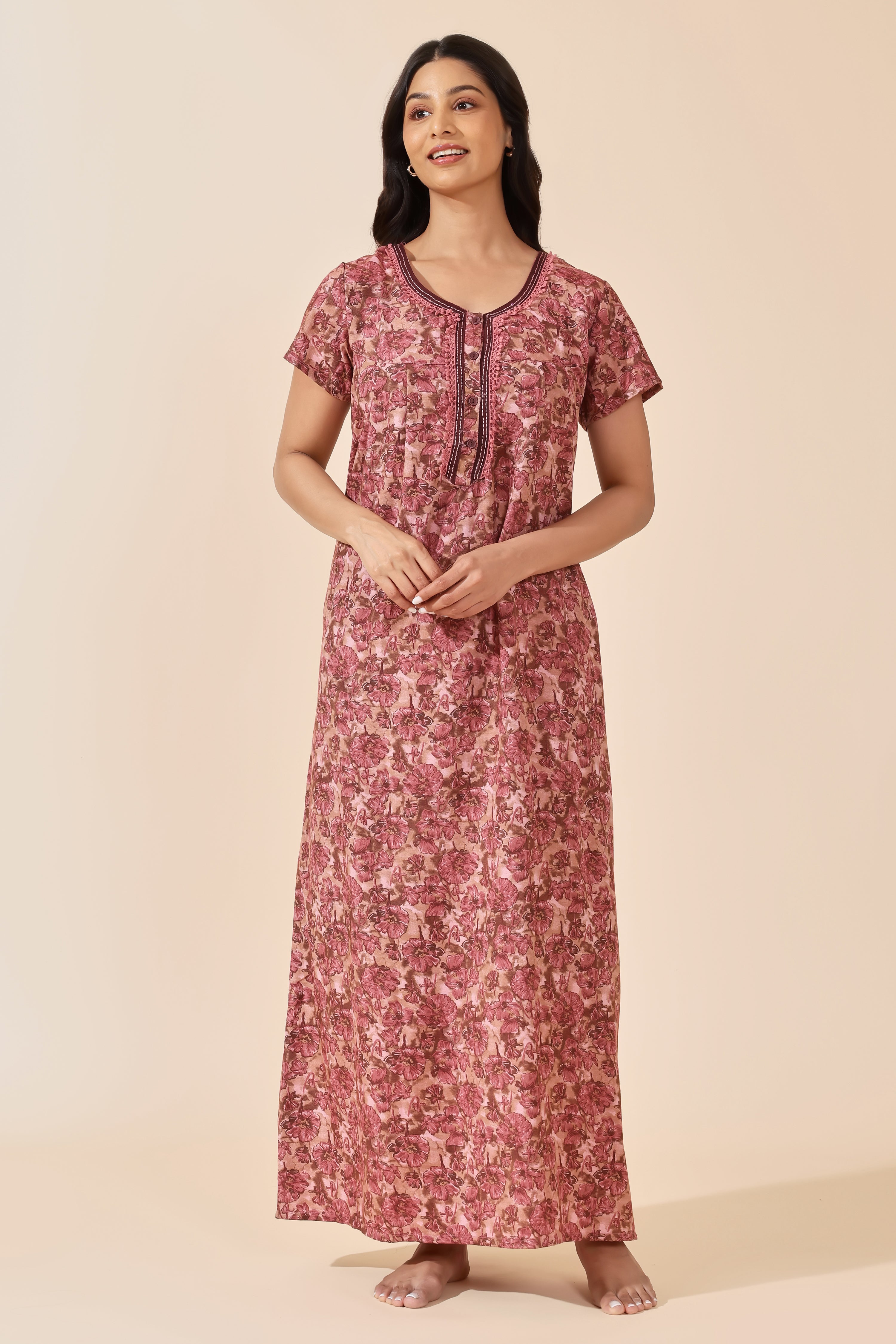Pink Floral Printed Cotton Nightwear