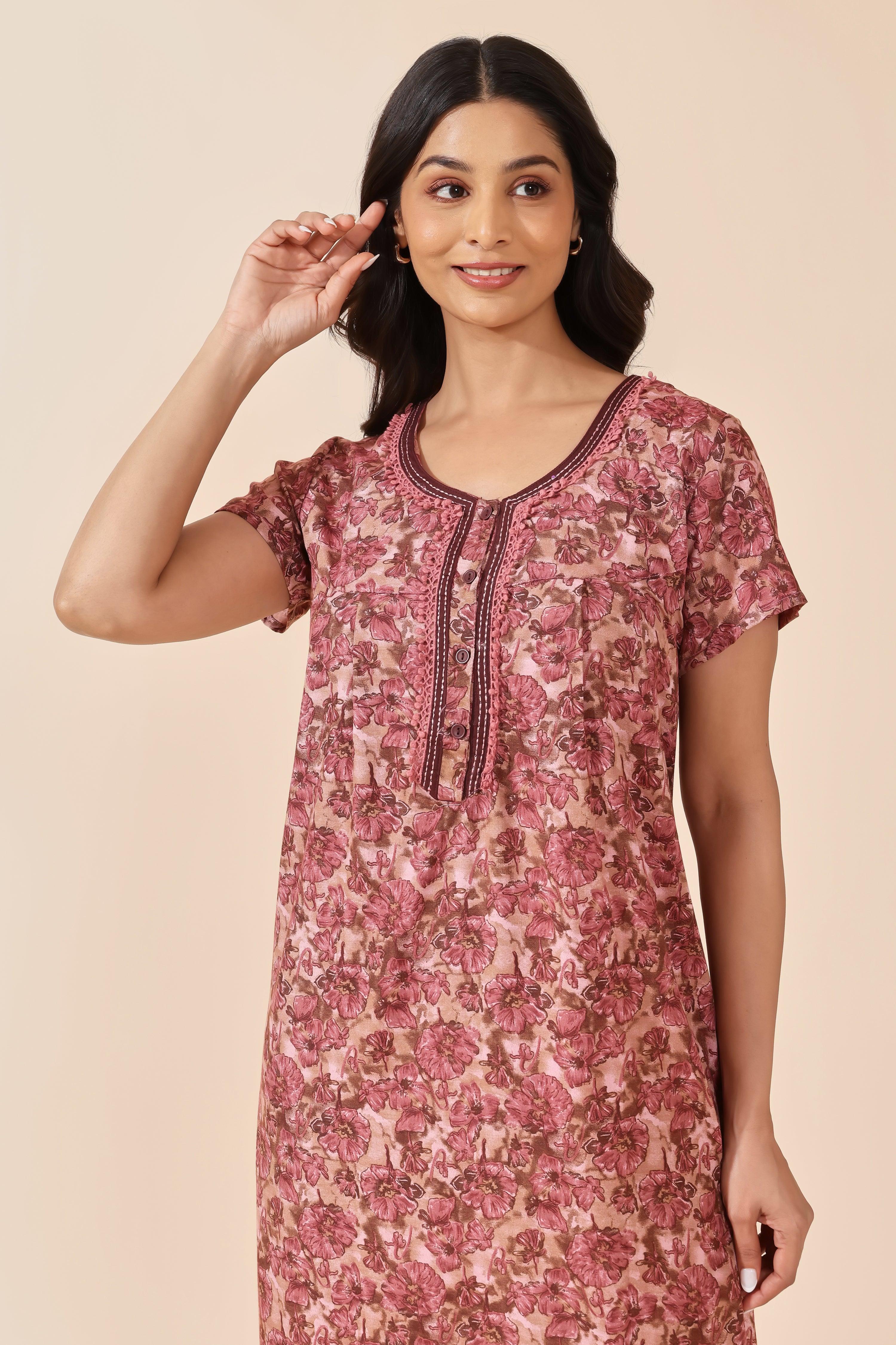 Pink Floral Printed Cotton Nightwear