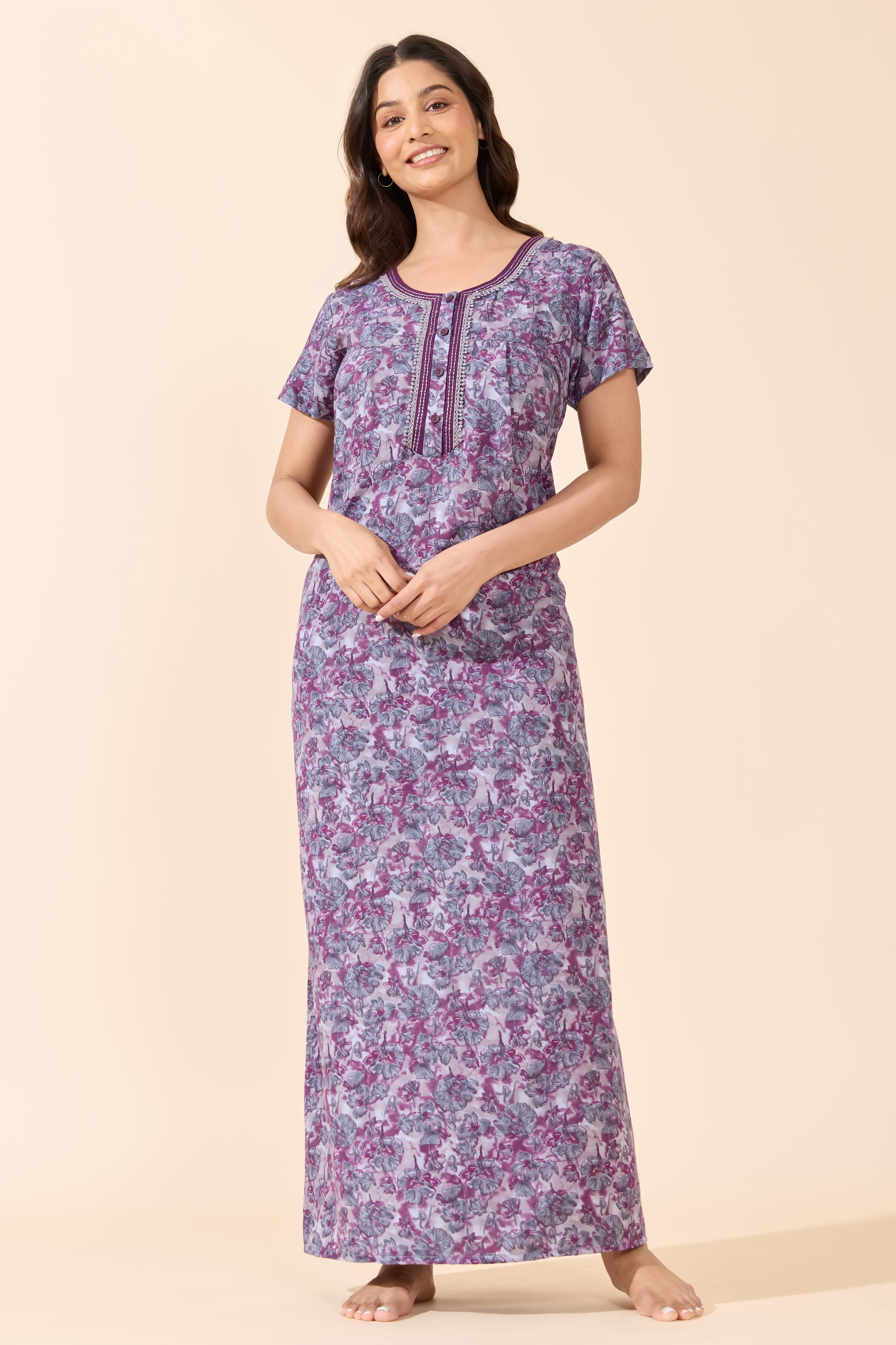 Purple Floral Printed Cotton Nightwear