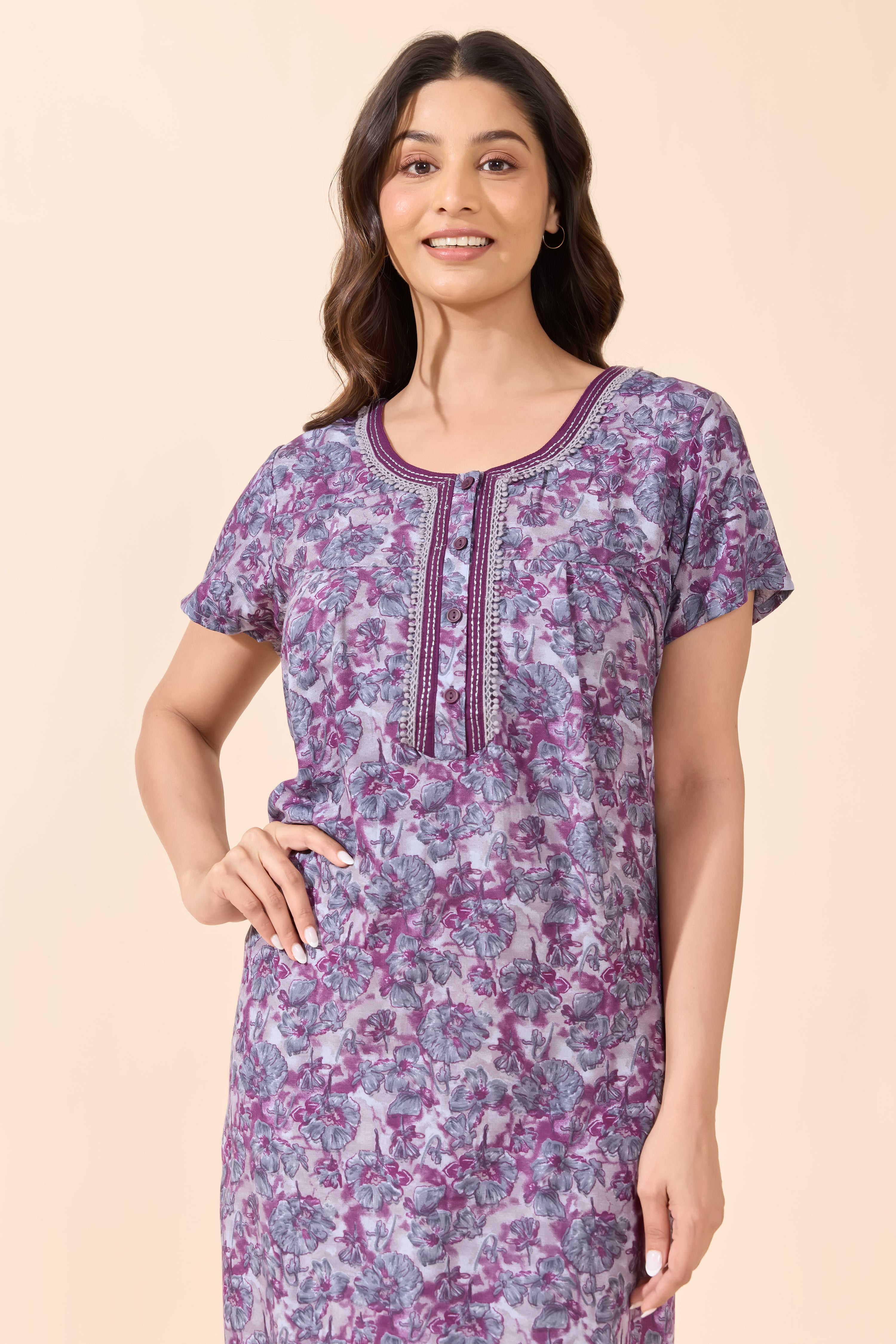 Purple Floral Printed Cotton Nightwear