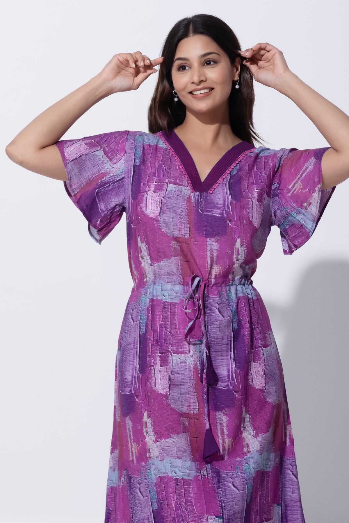 Purple Abstract Print Nighty with Lace Yoke