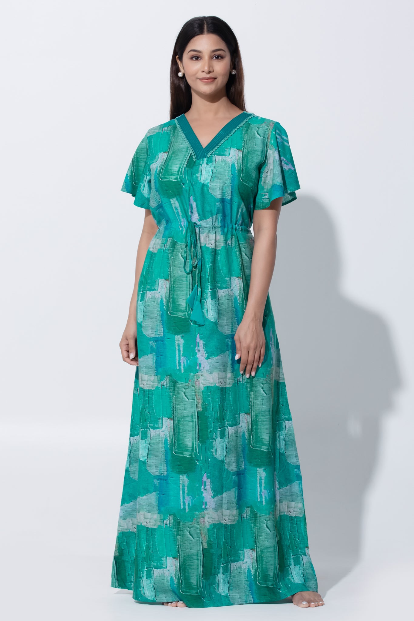 Turquoise Abstract Print Nighty with waist tie up