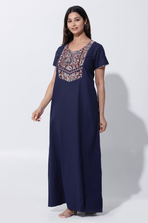 Navy Blue Cotton Nightwear with Kalamkari Yoke