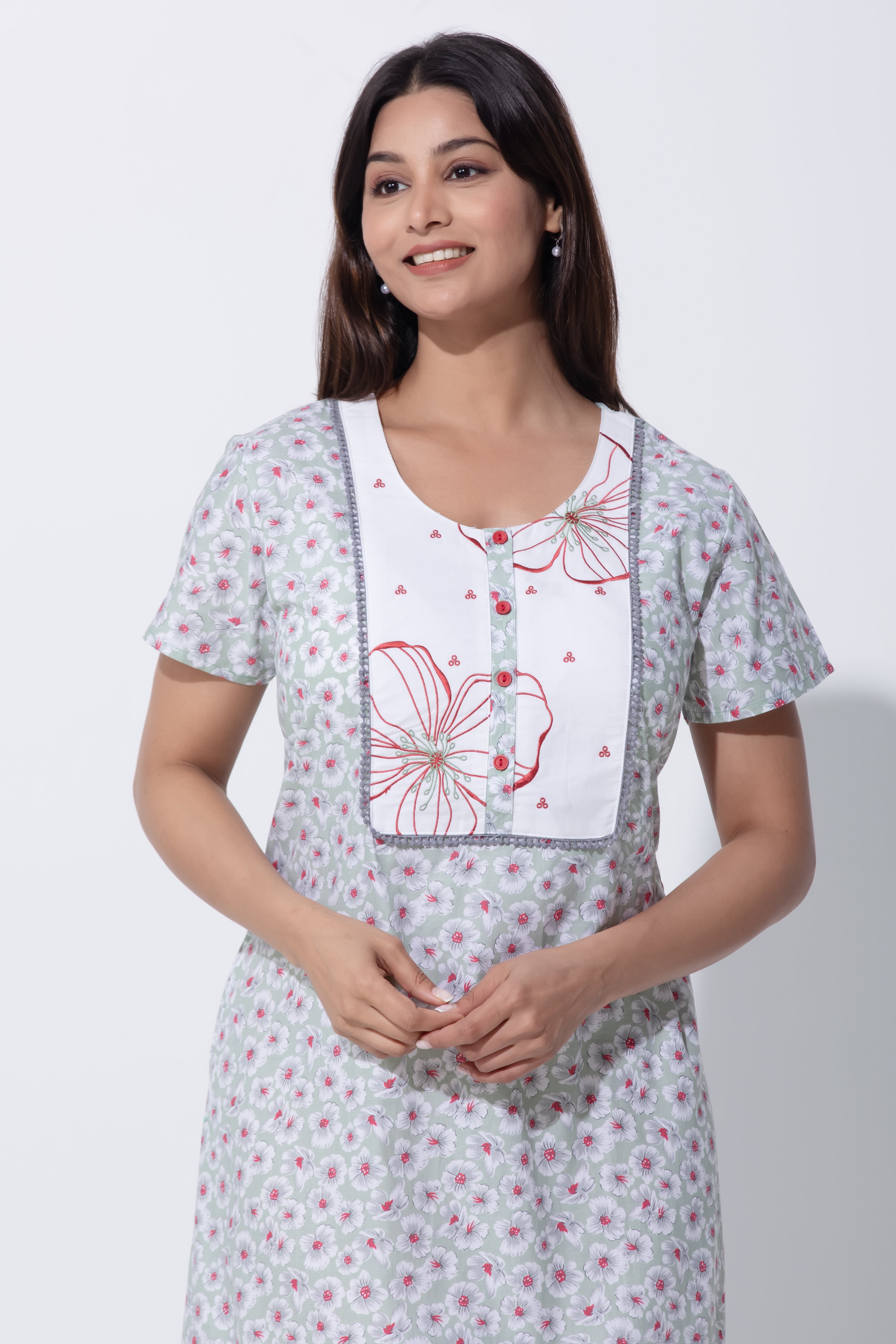 Pastel Green Nighty with Floral Print & Embroidered Yoke