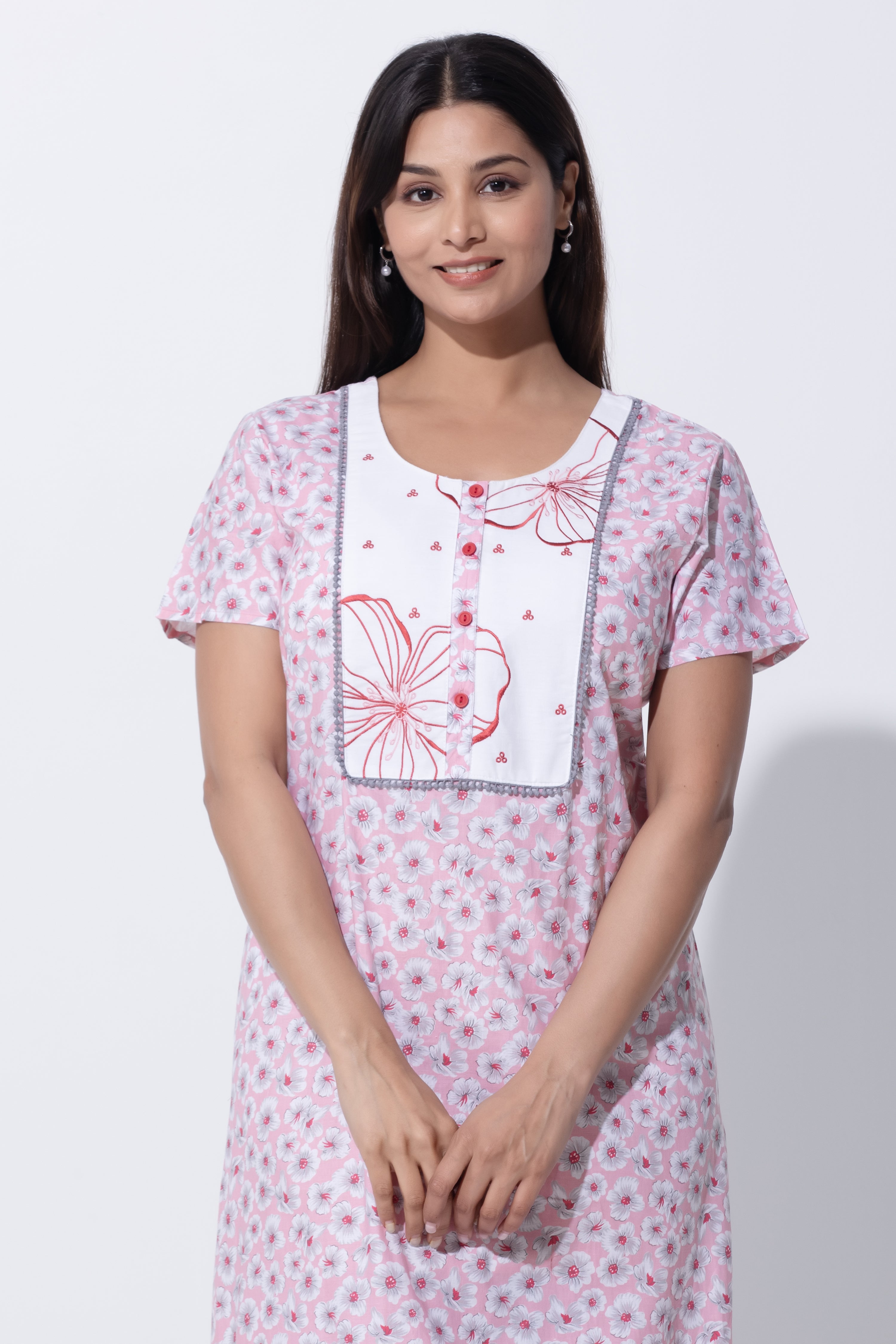 Pastel Pink Nighty with Floral Print & Embroidered Yoke