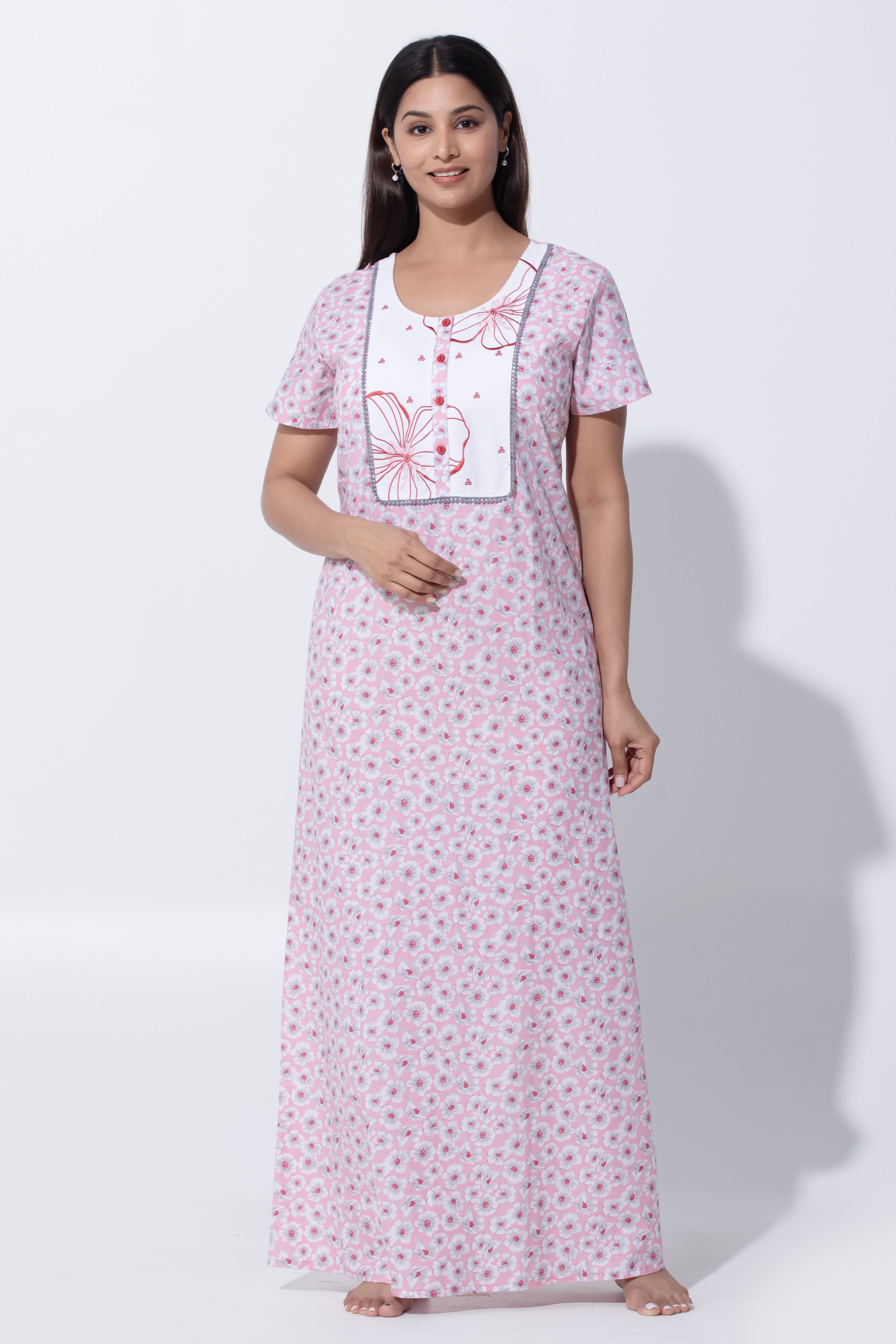 Pastel Pink Nighty with Floral Print & Embroidered Yoke
