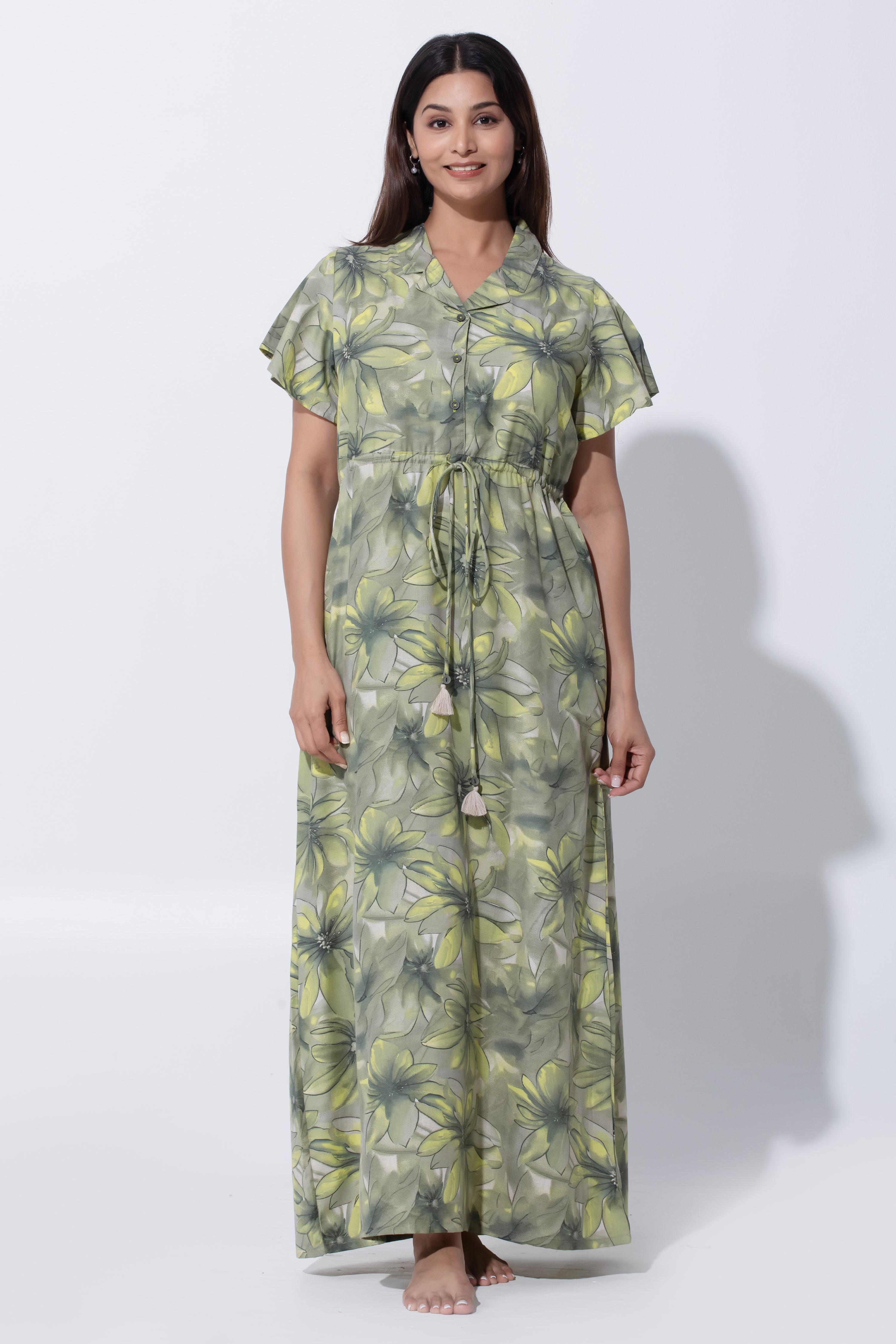 Green Floral Printed Nighty with Adjustable Waist Tie & Notched Collar Neck