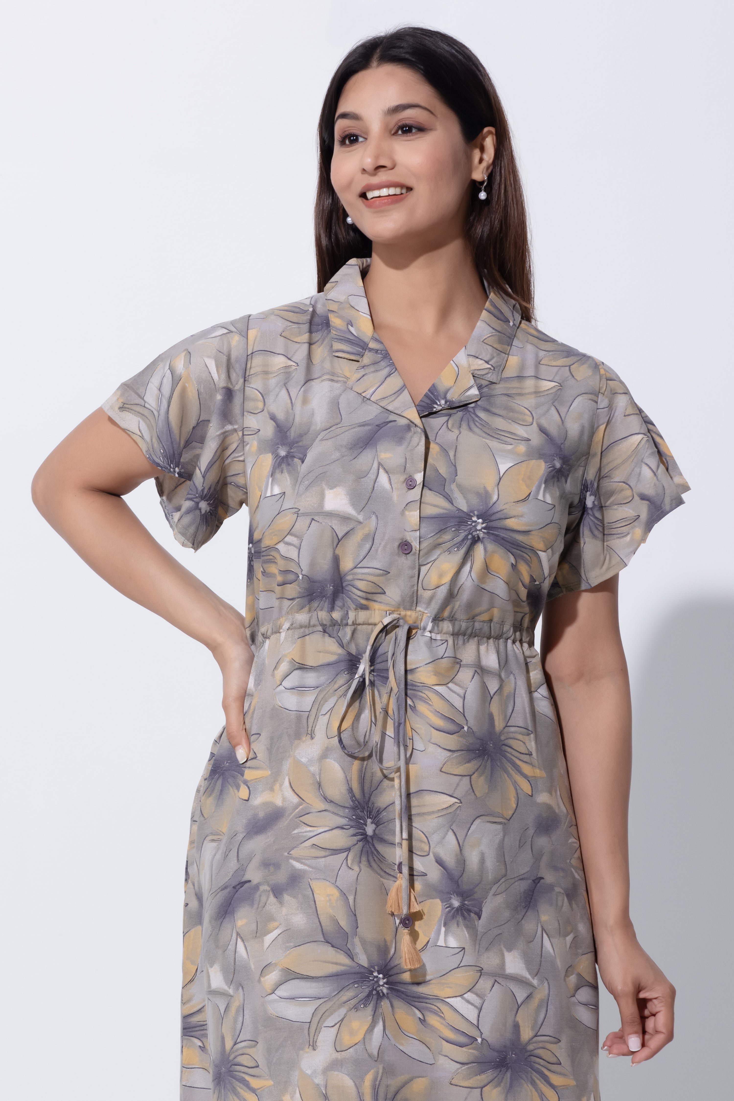 Gray & Yellow Printed Nighty with Adjustable Waist Tie