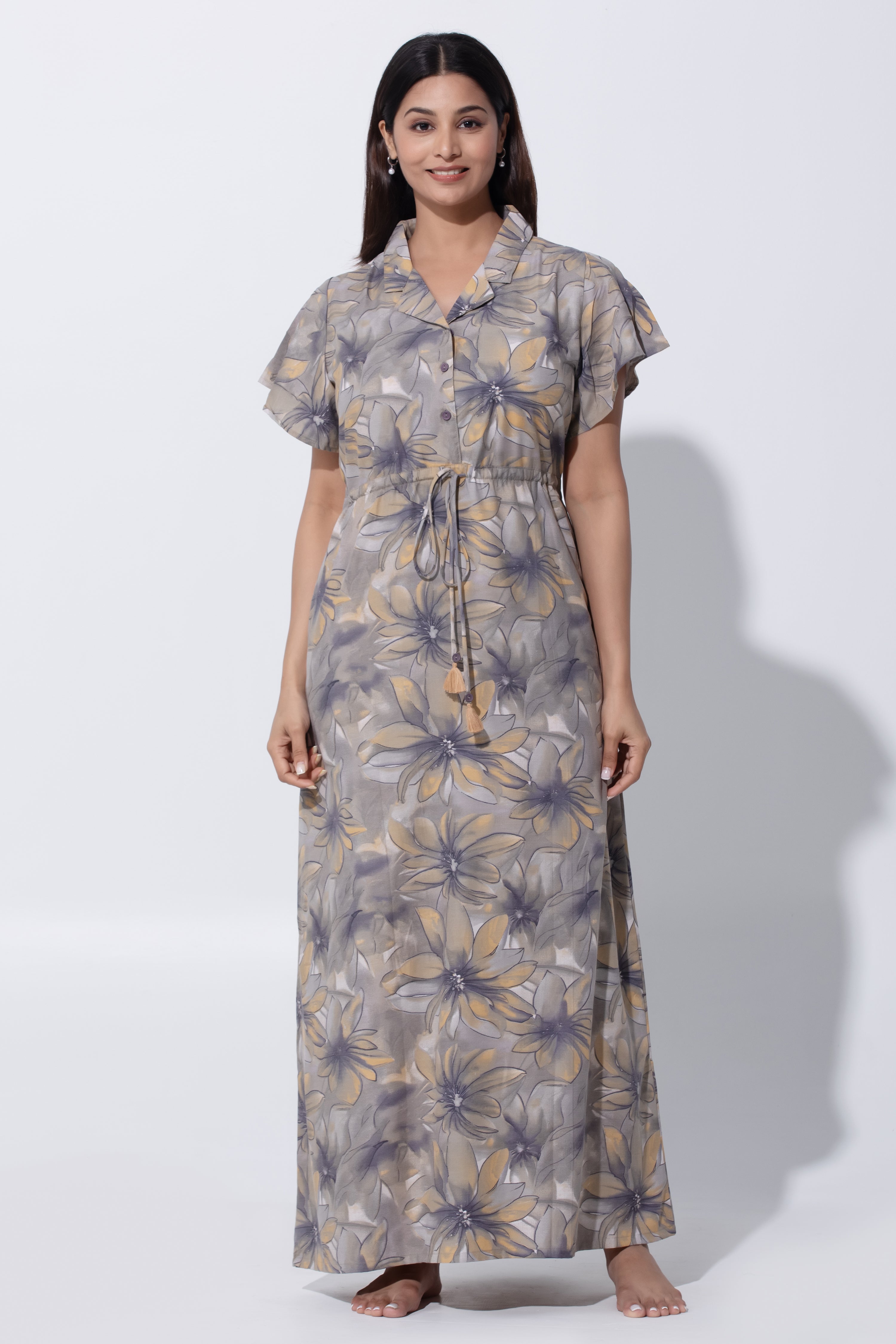 Gray & Yellow Printed Nighty with Adjustable Waist Tie