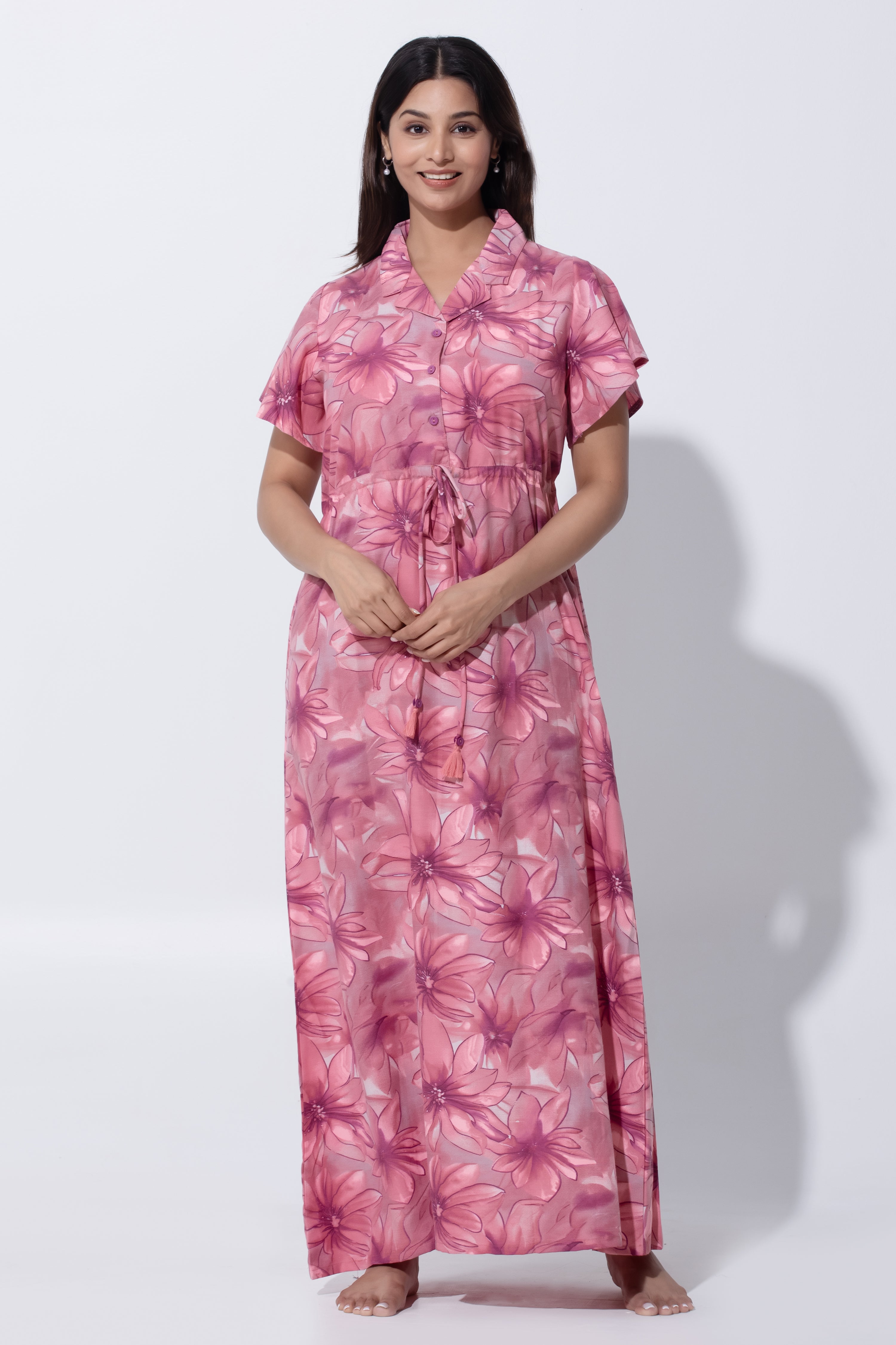 Pink Floral Printed Nighty with Adjustable Waist Tie & notched Collar Neckline