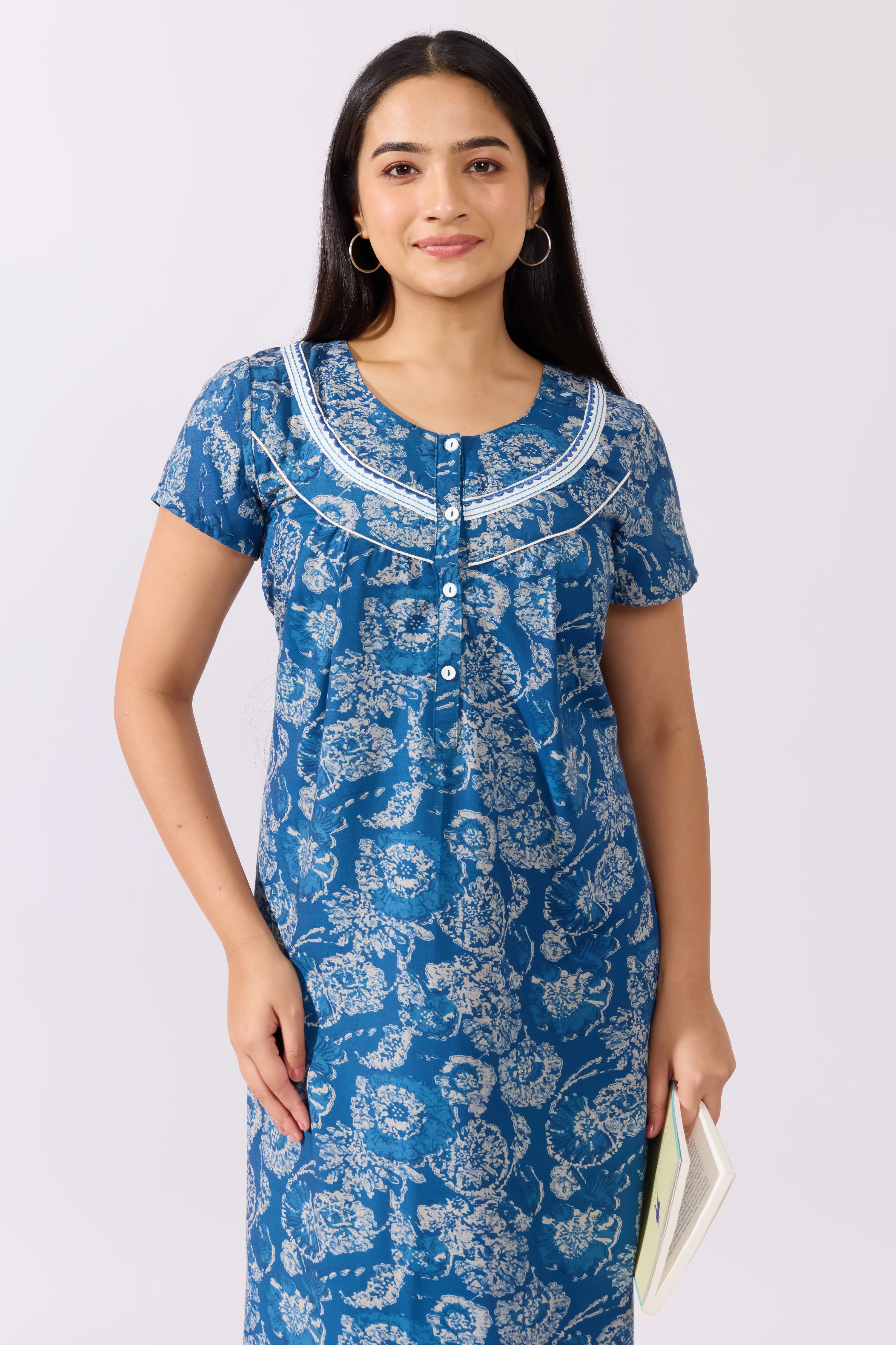 Floral Printed Blue Nighty with Embroidered Yoke