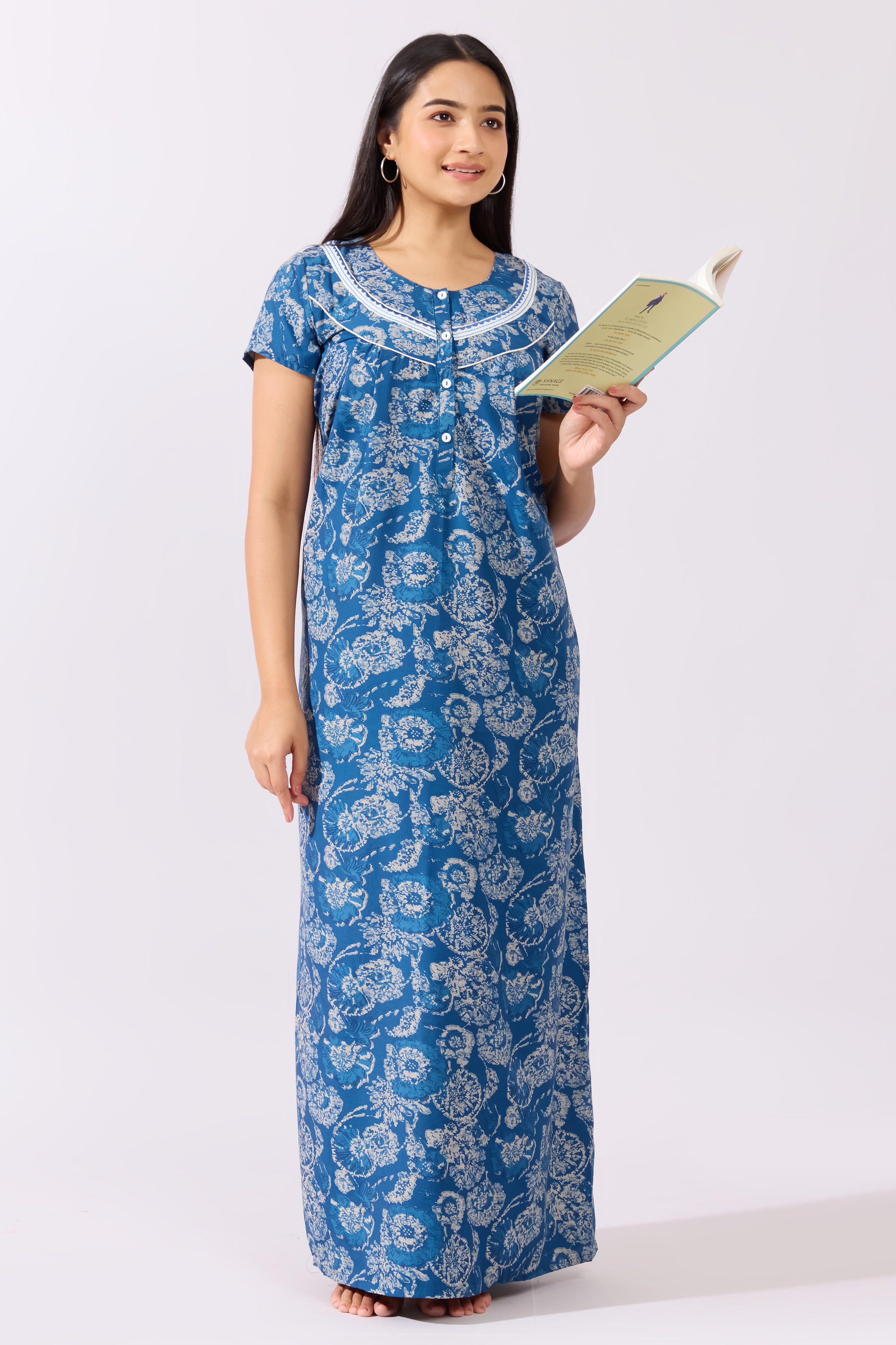 Floral Printed Blue Nighty with Embroidered Yoke