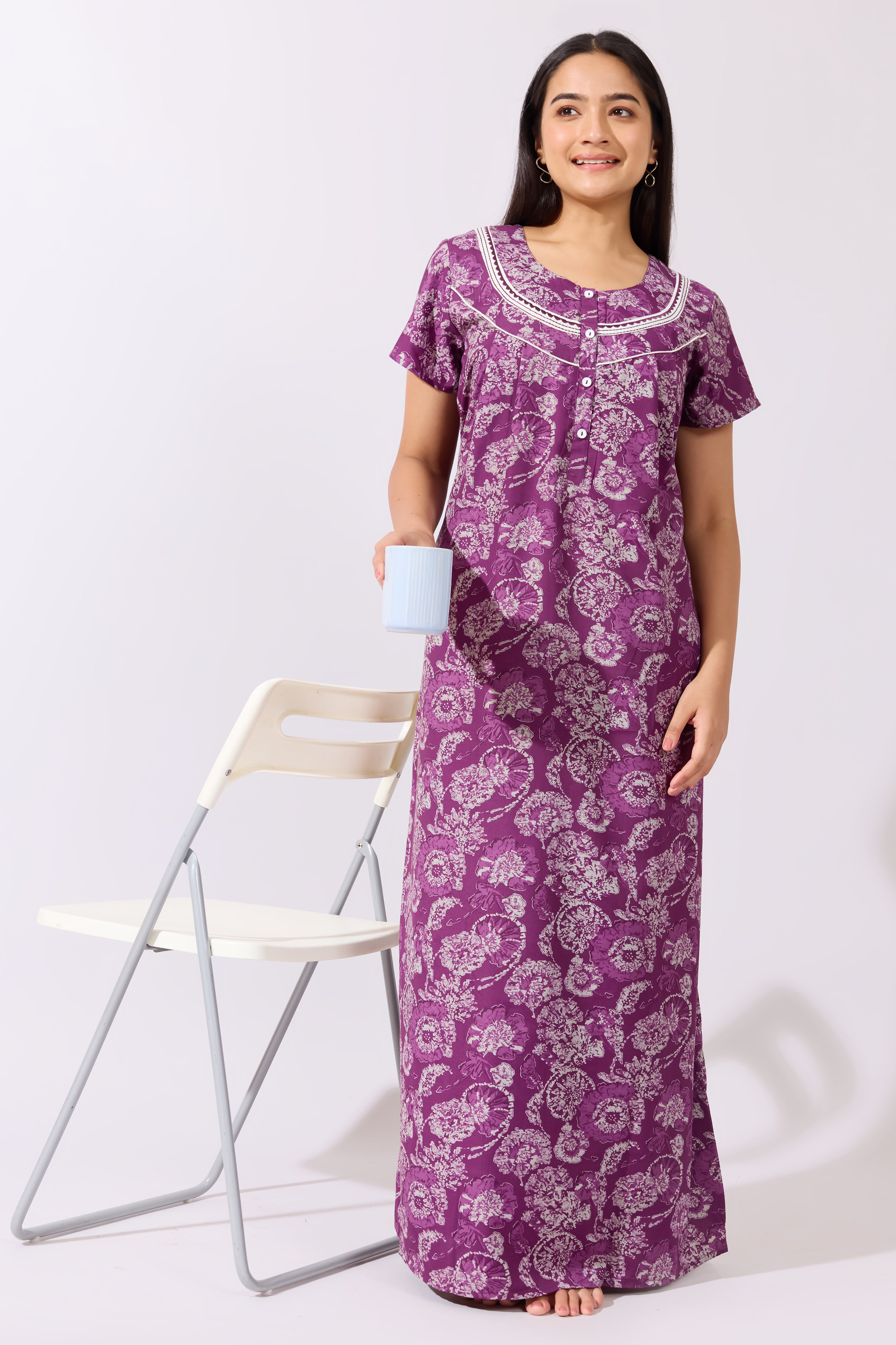 Floral Printed Purple Nighty with Embroidered Yoke