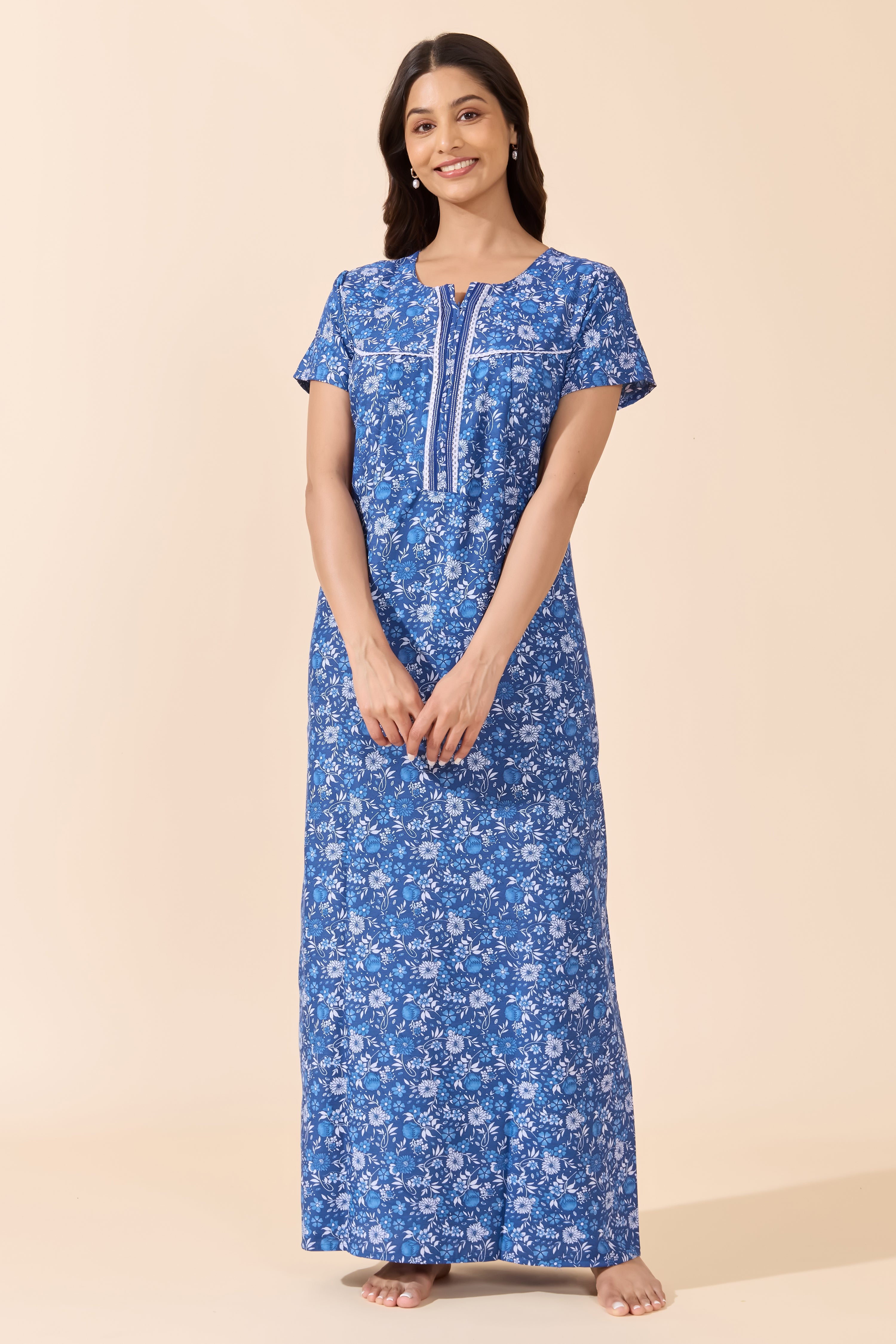 Blue Floral Printed Cotton Nightwear