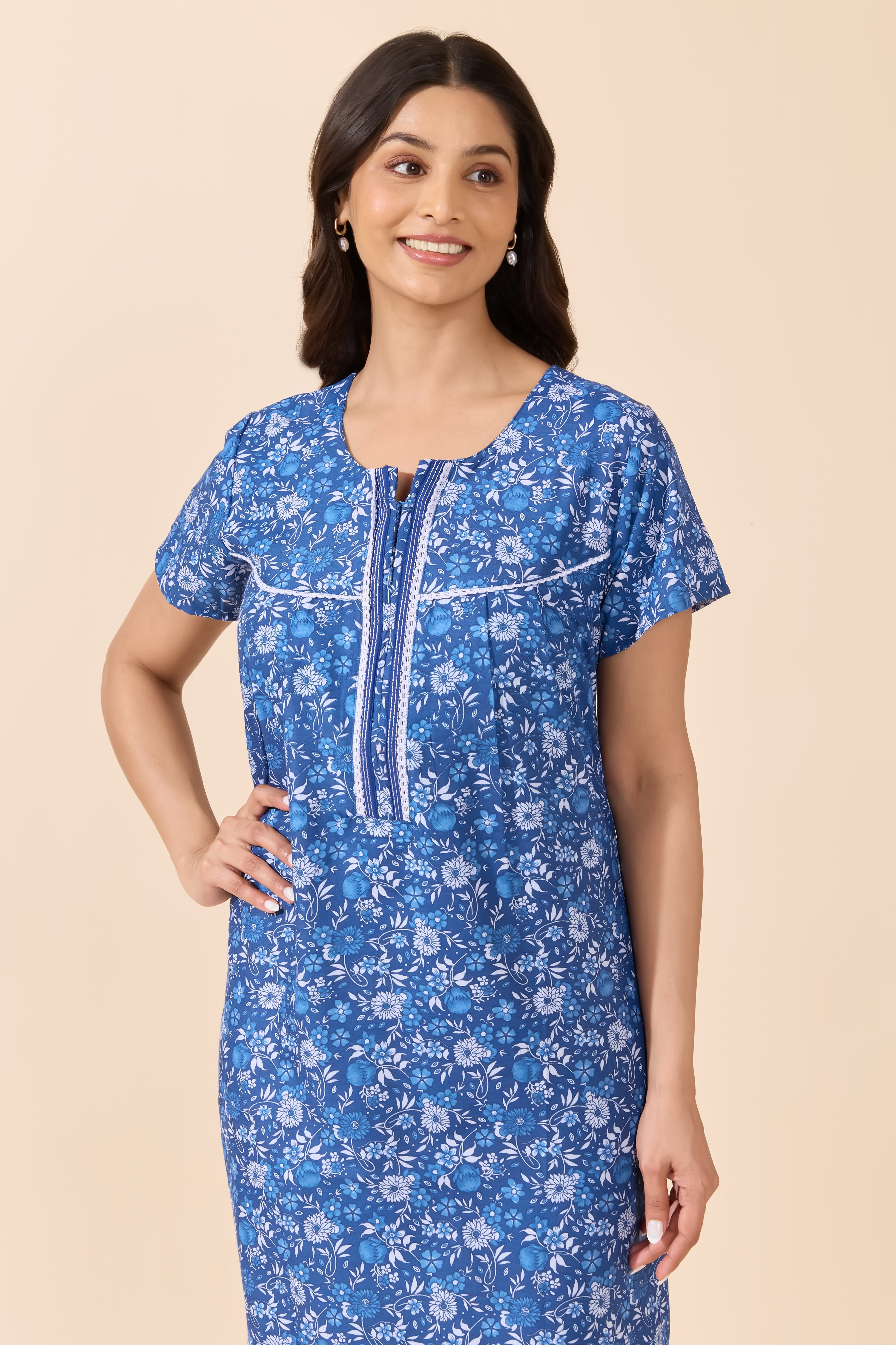 Blue Floral Printed Cotton Nightwear