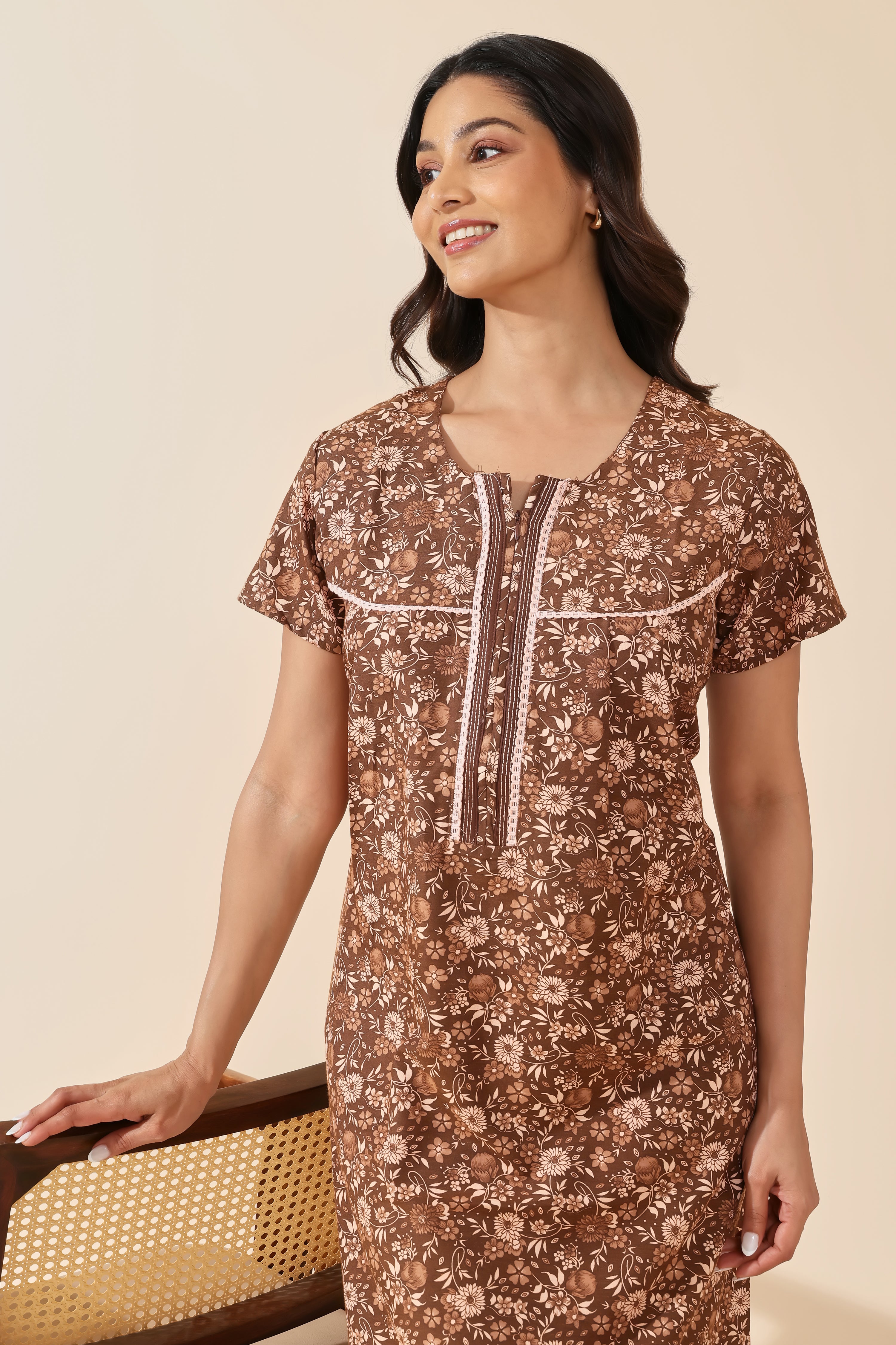 Brown Floral Printed Cotton Nightwear