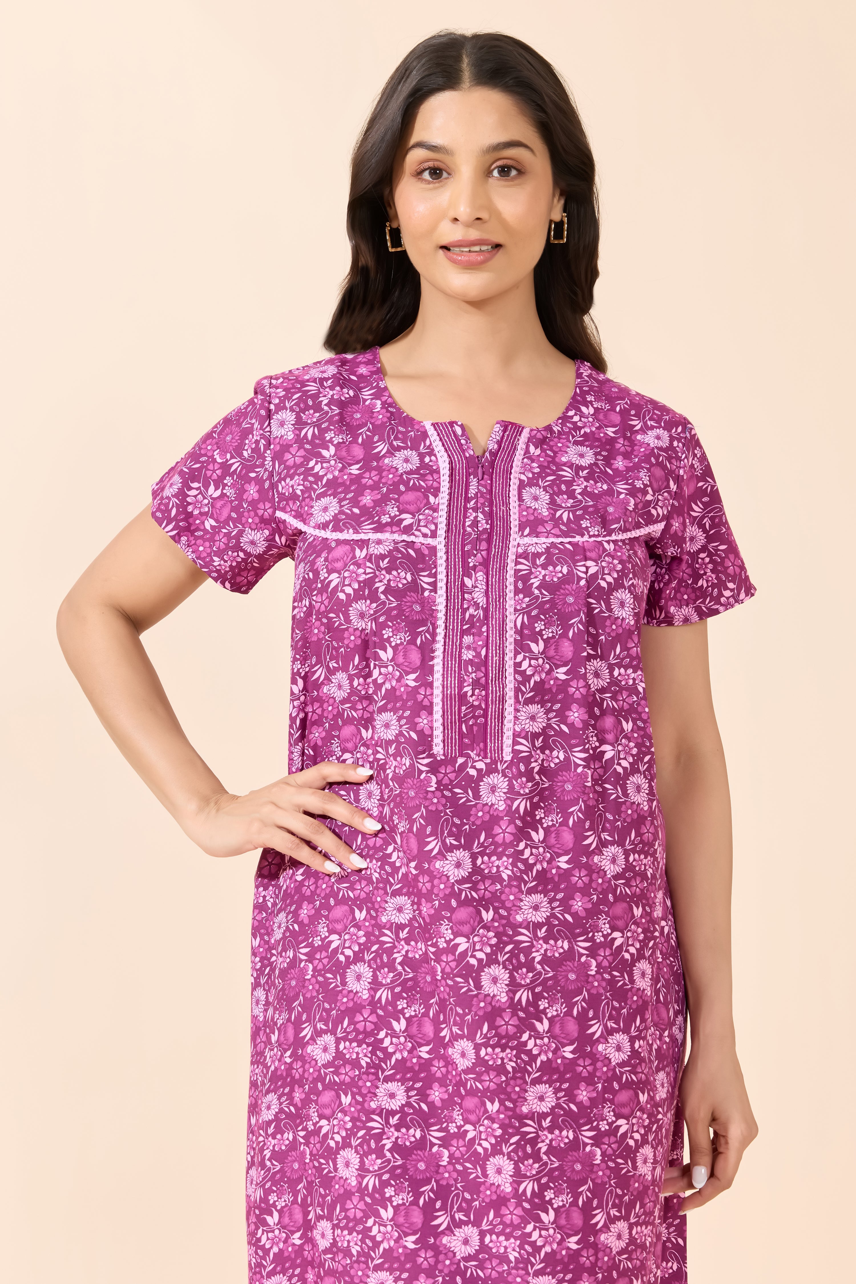 Purple Floral Printed Cotton Nightwear