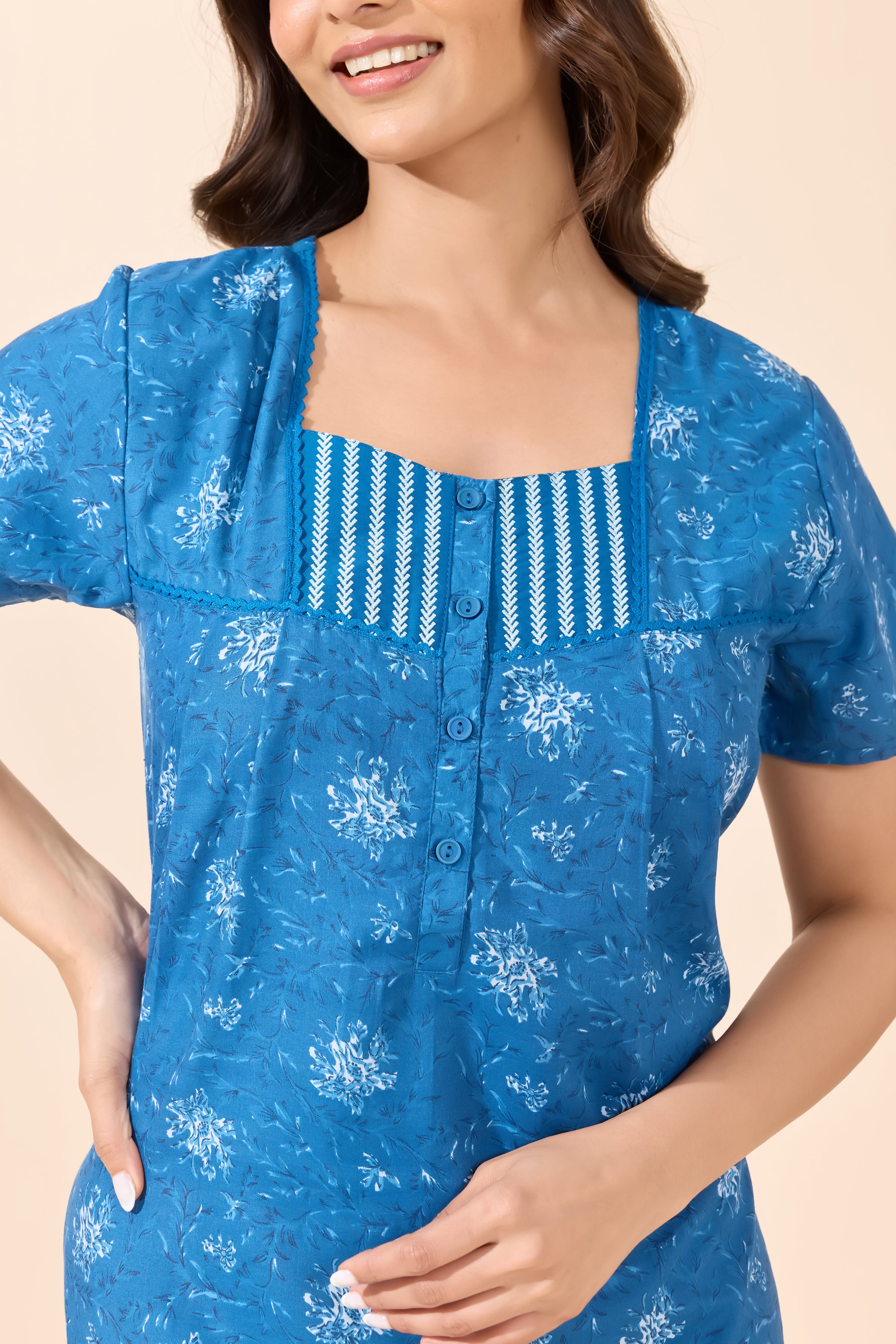 Blue Damask Printed Cotton Nightwear