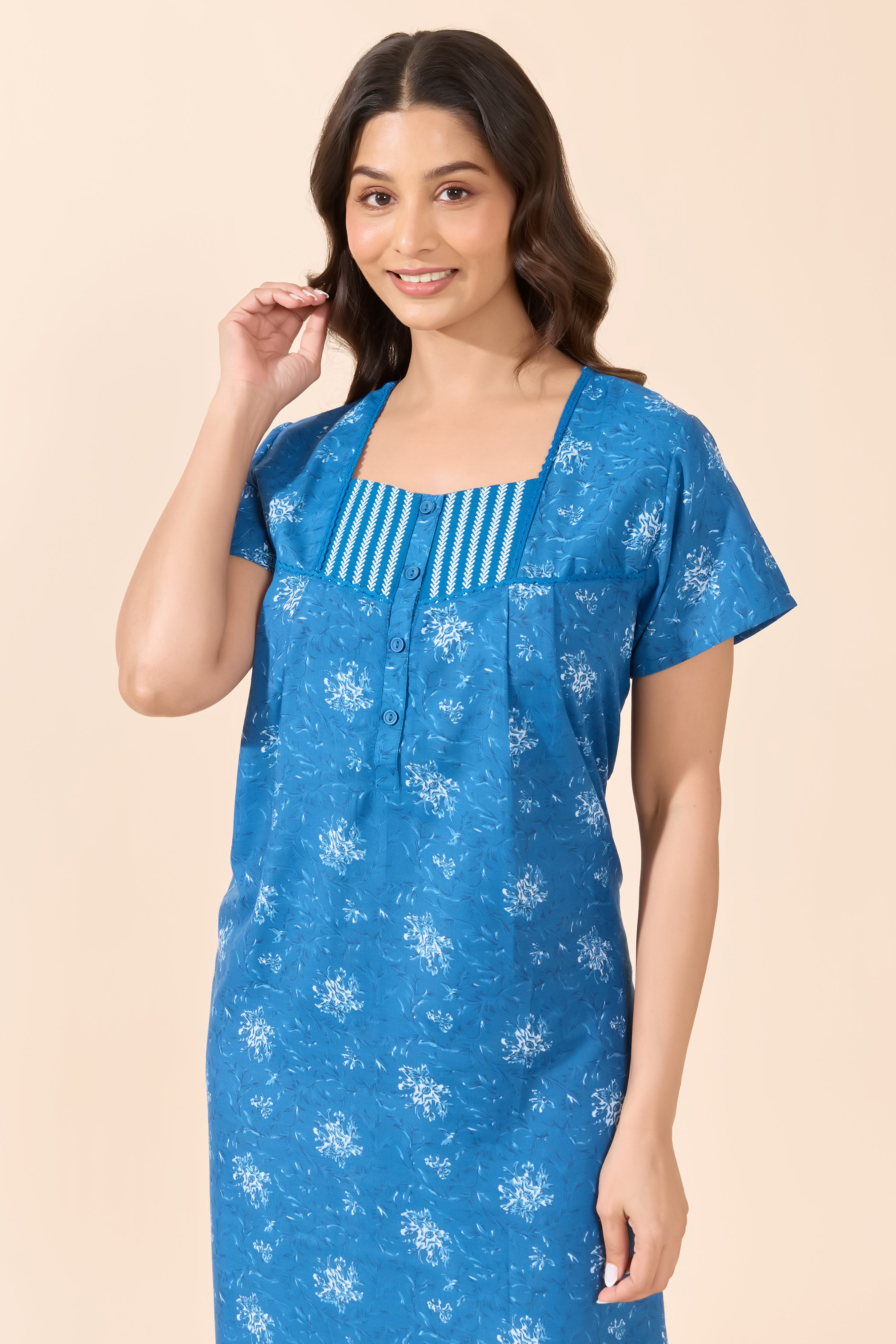 Blue Damask Printed Cotton Nightwear