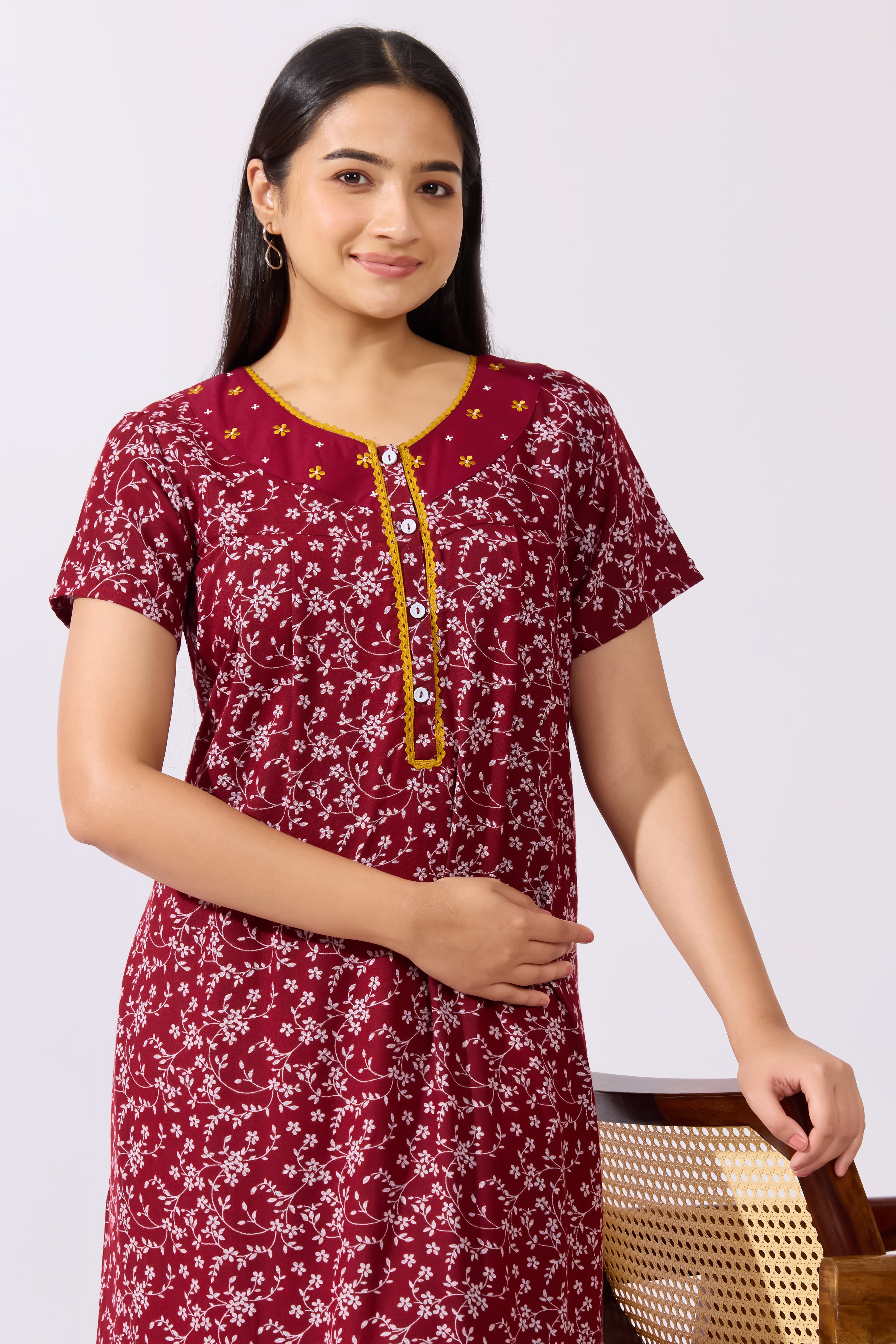 Ditsy Floral Printed Maroon Nighty with Front Open Button