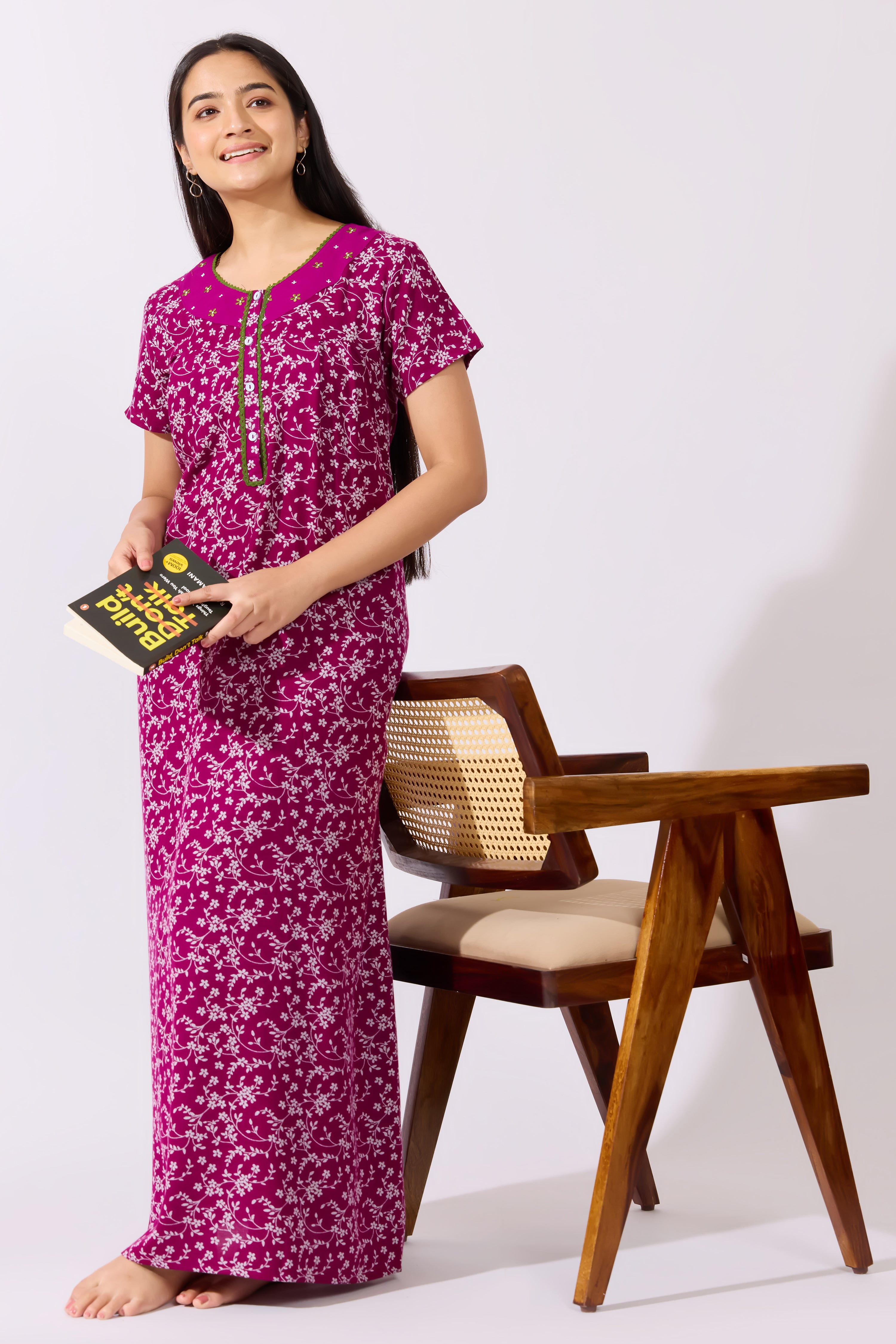 Ditsy Floral Printed Purple Nighty with Front Open Button